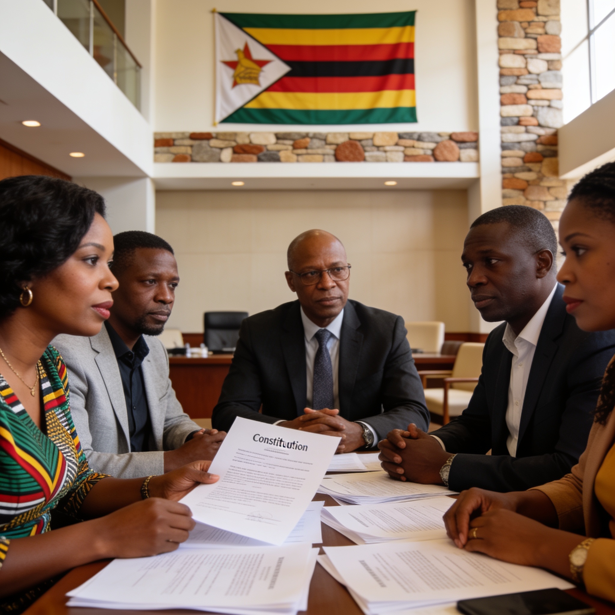Create an editorial news illustration for an article about 'SADC Backs Zimbabwe’s Constitutional Process Despite Third-Term Criticism'. The specific country is Zimbabwe (ZW); make visual cues accurate to this exact country and avoid flags or symbols