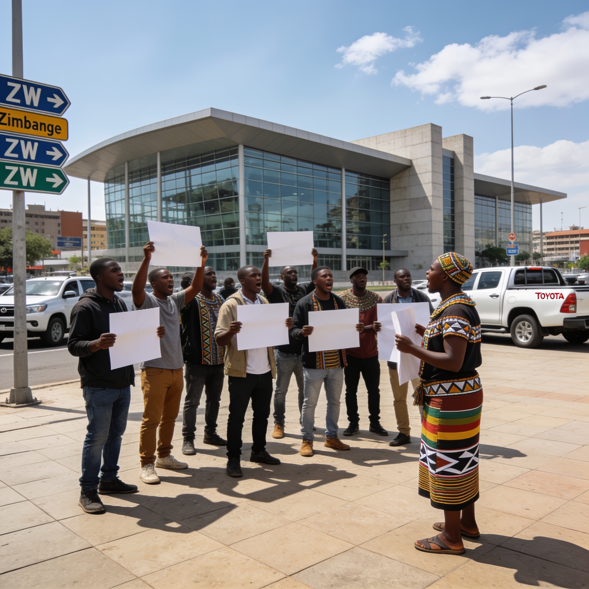 Create an editorial news illustration for an article about 'SADC Summit Protest: Anti-Illegal Immigration Group Demands Repatriation of Undocumented Foreign Nationals'. The specific country is Zimbabwe (ZW); make visual cues accurate to this exact co