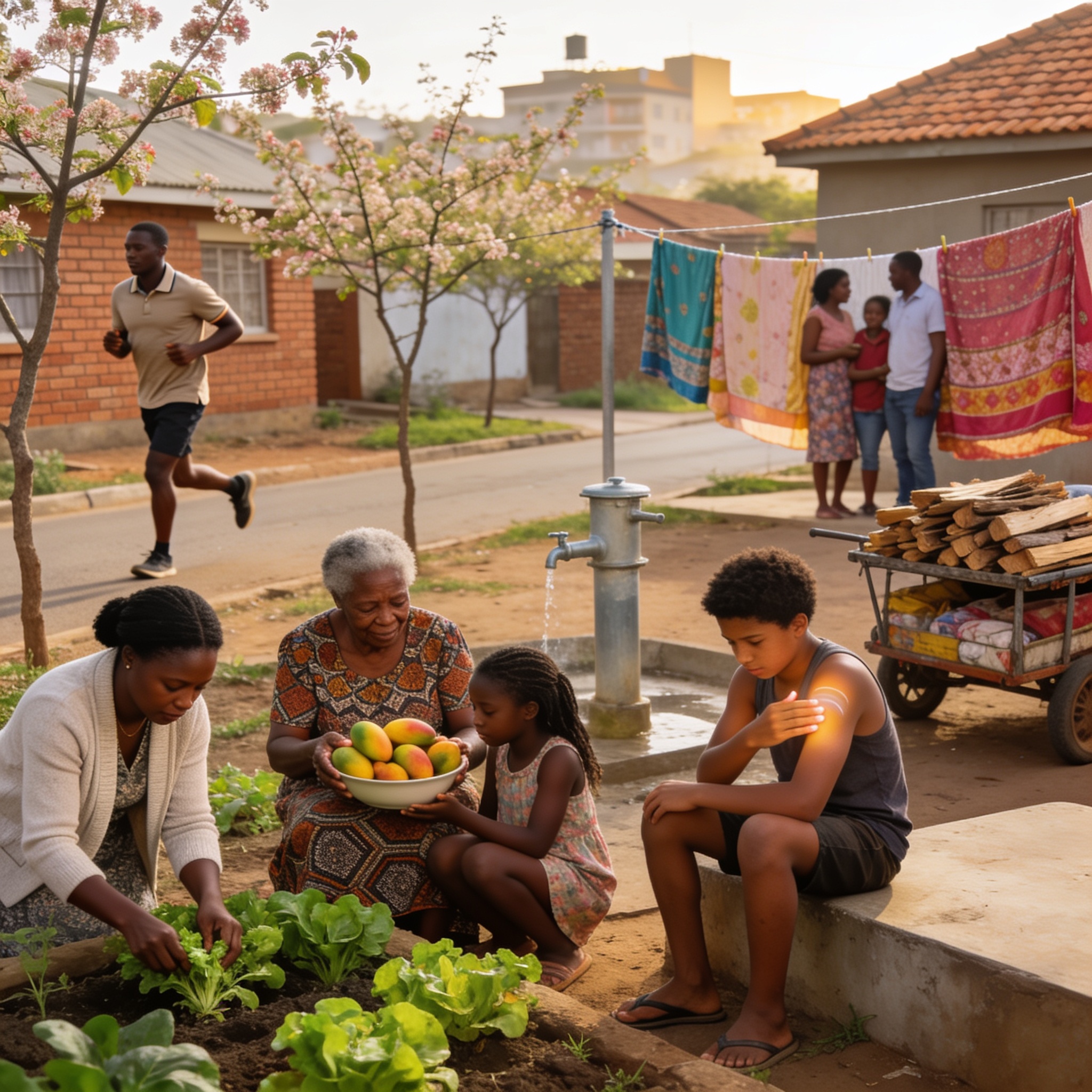 Create an editorial news illustration for an article about 'Seasonal Shift: How Zimbabweans Can Stay Healthy as Winter Gives Way to Spring'. The specific country is Zimbabwe (ZW); make visual cues accurate to this exact country and avoid flags or sym