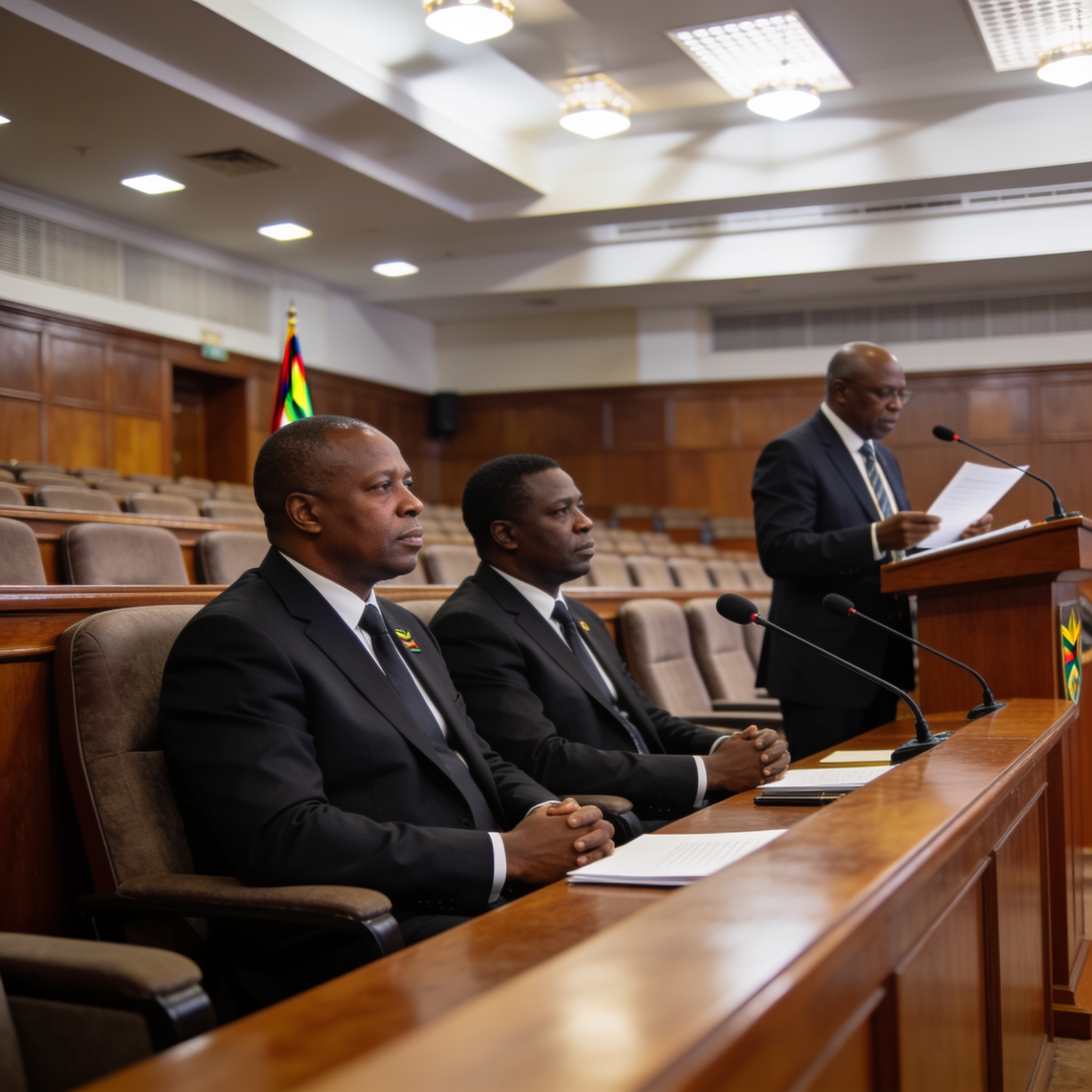 Create an editorial news illustration for an article about 'Tagwirei and Zanu PF Provincial Bosses Sworn into Expanded Senate After Mnangagwa Appointments'. The specific country is Zimbabwe (ZW); make visual cues accurate to this exact country and av