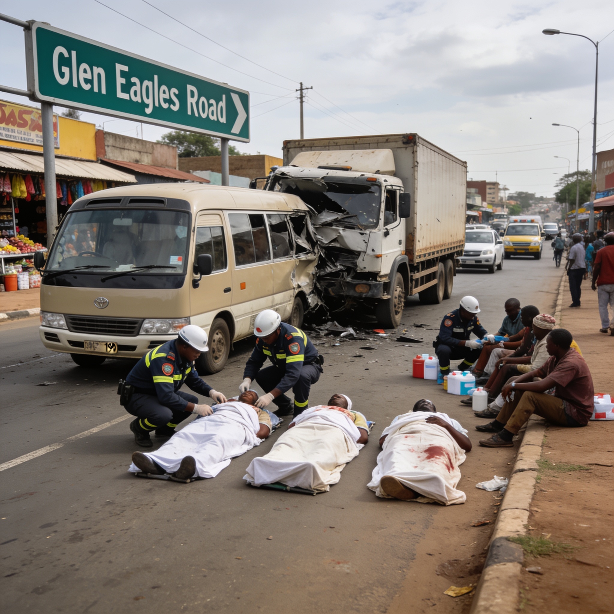 Create an editorial news illustration for an article about "Three Dead, 19 Hurt as Kombi and Truck Collide on Harare's Glen Eagles Road". The specific country is Zimbabwe (ZW); make visual cues accurate to this exact country and avoid flags or symbol