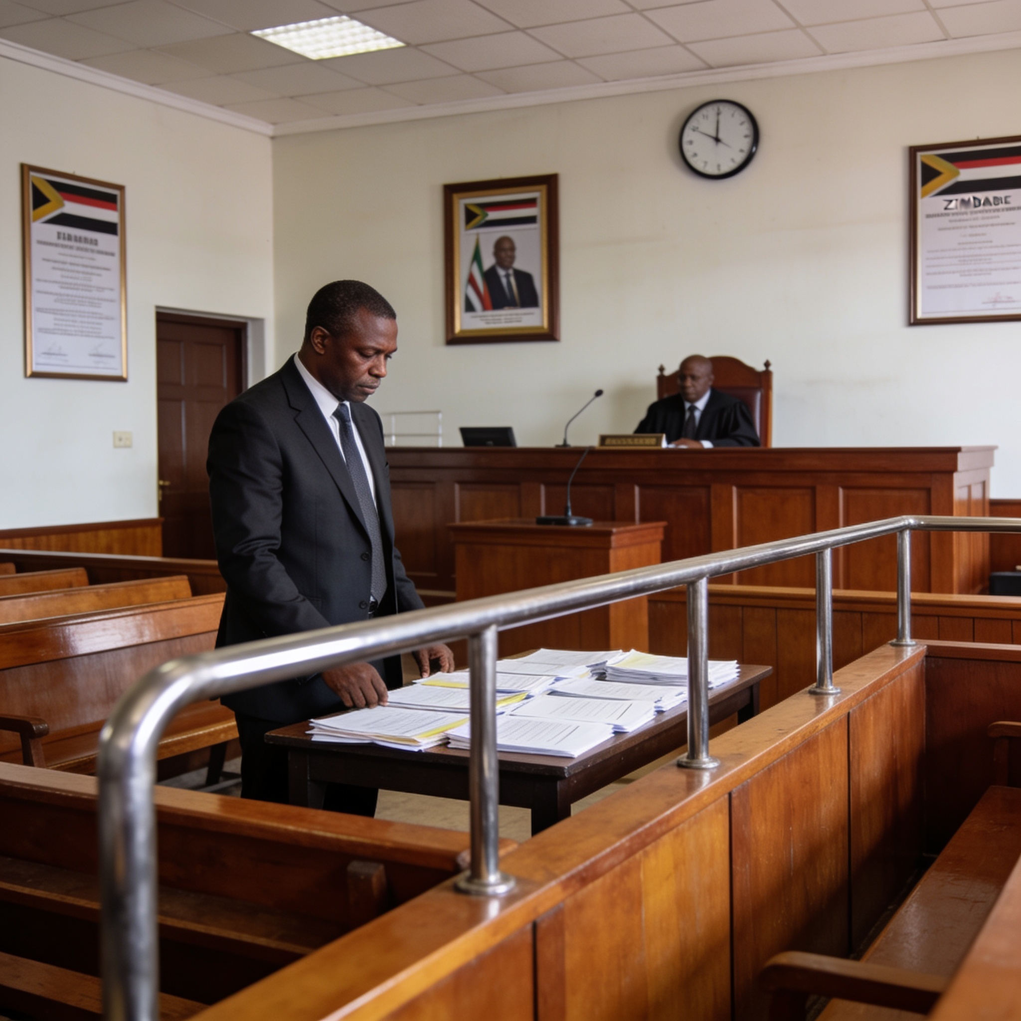 Create an editorial news illustration for an article about 'US$97k Donnybrook Land Scam: Suspected Land Baron Appears in Harare Court'. The specific country is Zimbabwe (ZW); make visual cues accurate to this exact country and avoid flags or symbols