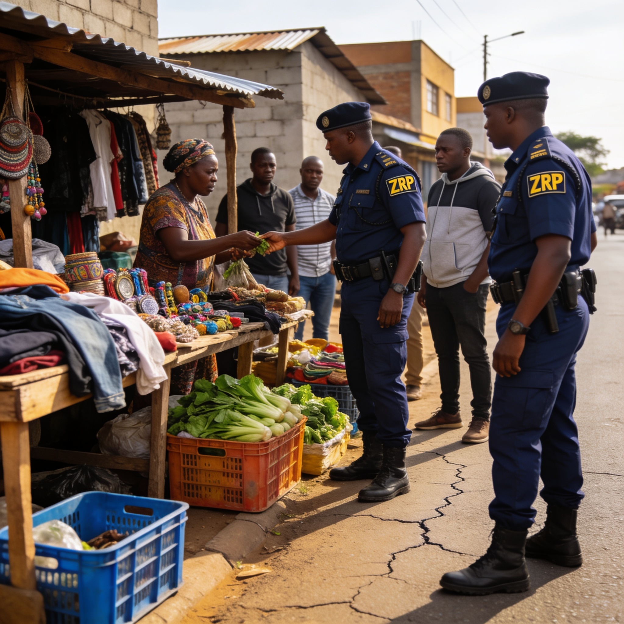 Create an editorial news illustration for an article about 'Vendor Crackdown in Harare and Chitungwiza Sparks Political Storm'. The specific country is Zimbabwe (ZW); make visual cues accurate to this exact country and avoid flags or symbols of simil