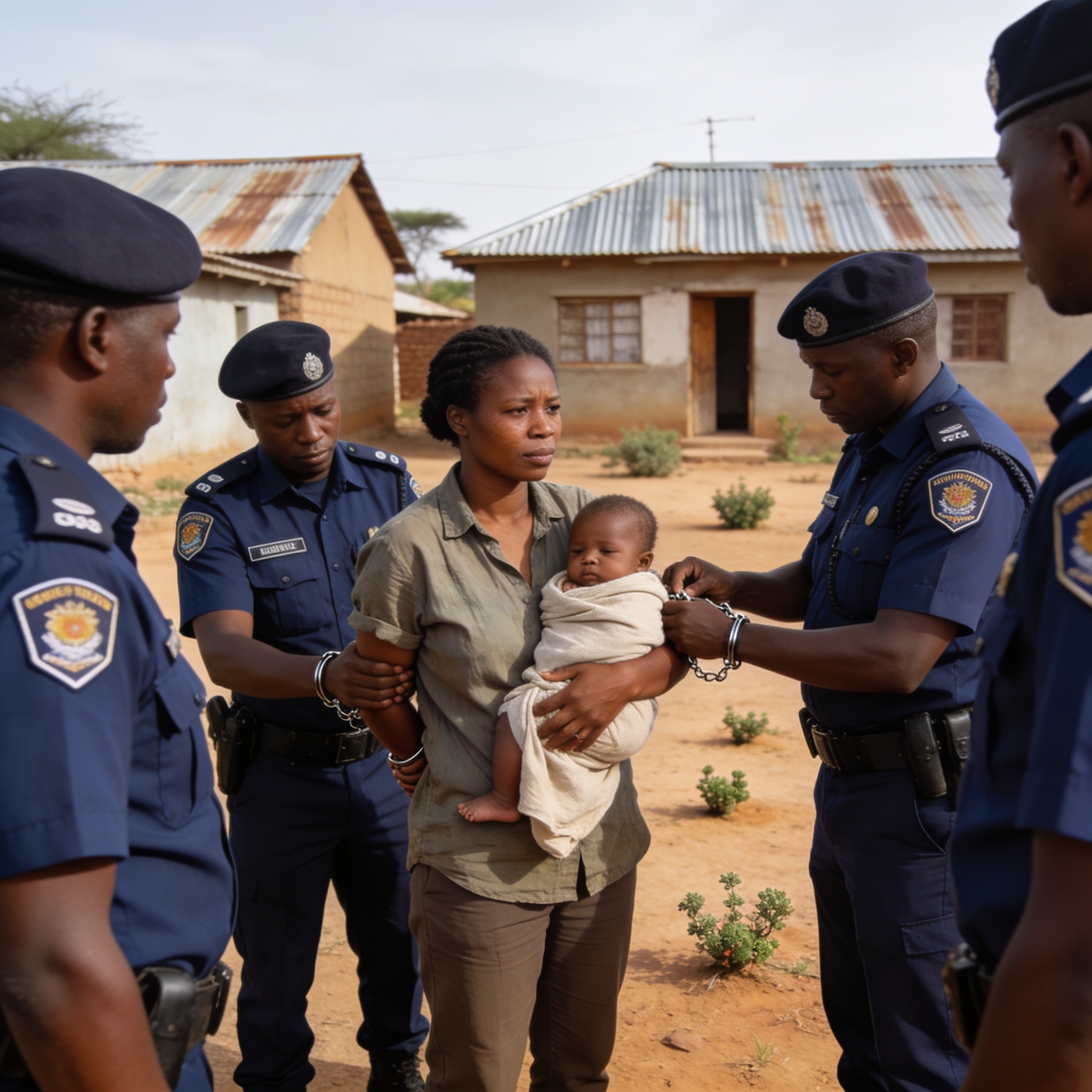 Create an editorial news illustration for an article about 'Woman, Baby Arrested in Masvingo Land Dispute Involving MP'. The specific country is Zimbabwe (ZW); make visual cues accurate to this exact country and avoid flags or symbols of similar coun