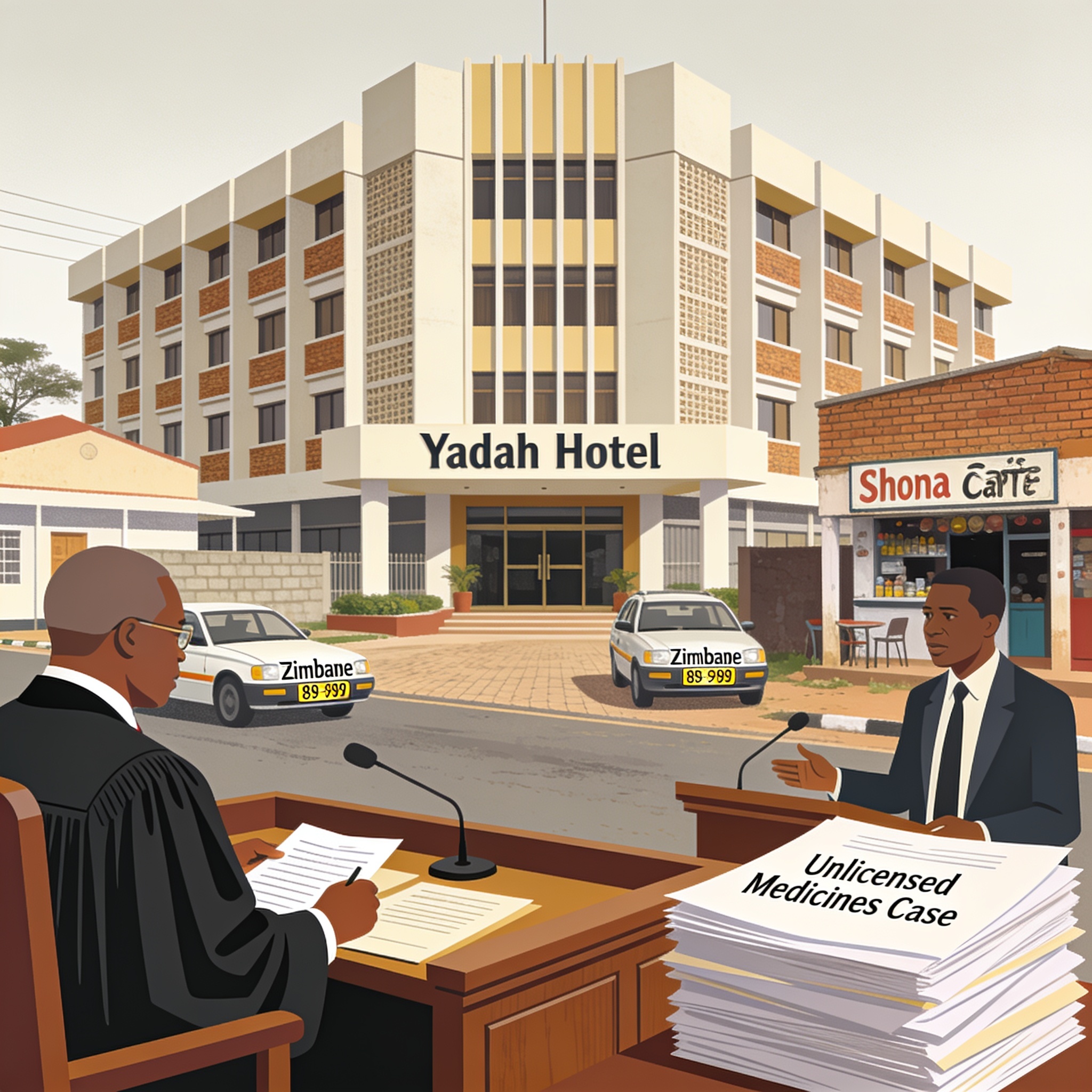 Create an editorial news illustration for an article about 'Yadah Hotel Cleared as Court Acquits Waterfalls Property in Unlicensed Medicines Case'. The specific country is Zimbabwe (ZW); make visual cues accurate to this exact country and avoid flags
