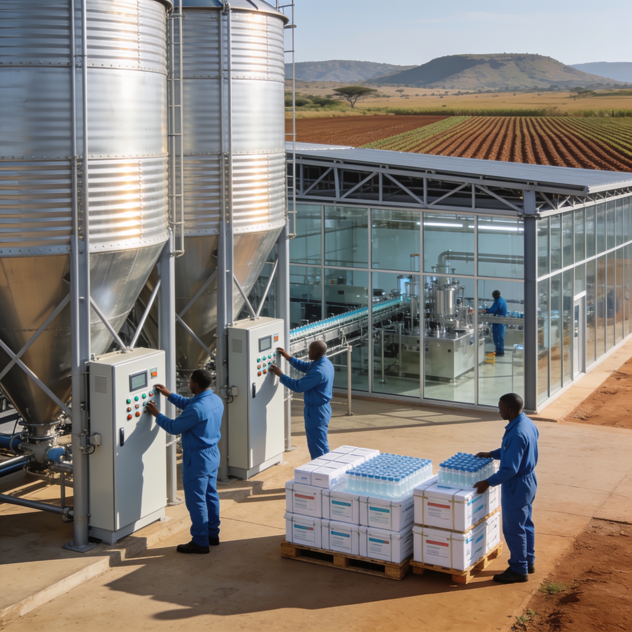 Create an editorial news illustration for an article about 'Zimbabwe and Belarus Partner to Modernise Grain Storage and Plan Local Vaccine Manufacturing'. The specific country is Zimbabwe (ZW); make visual cues accurate to this exact country and avoi