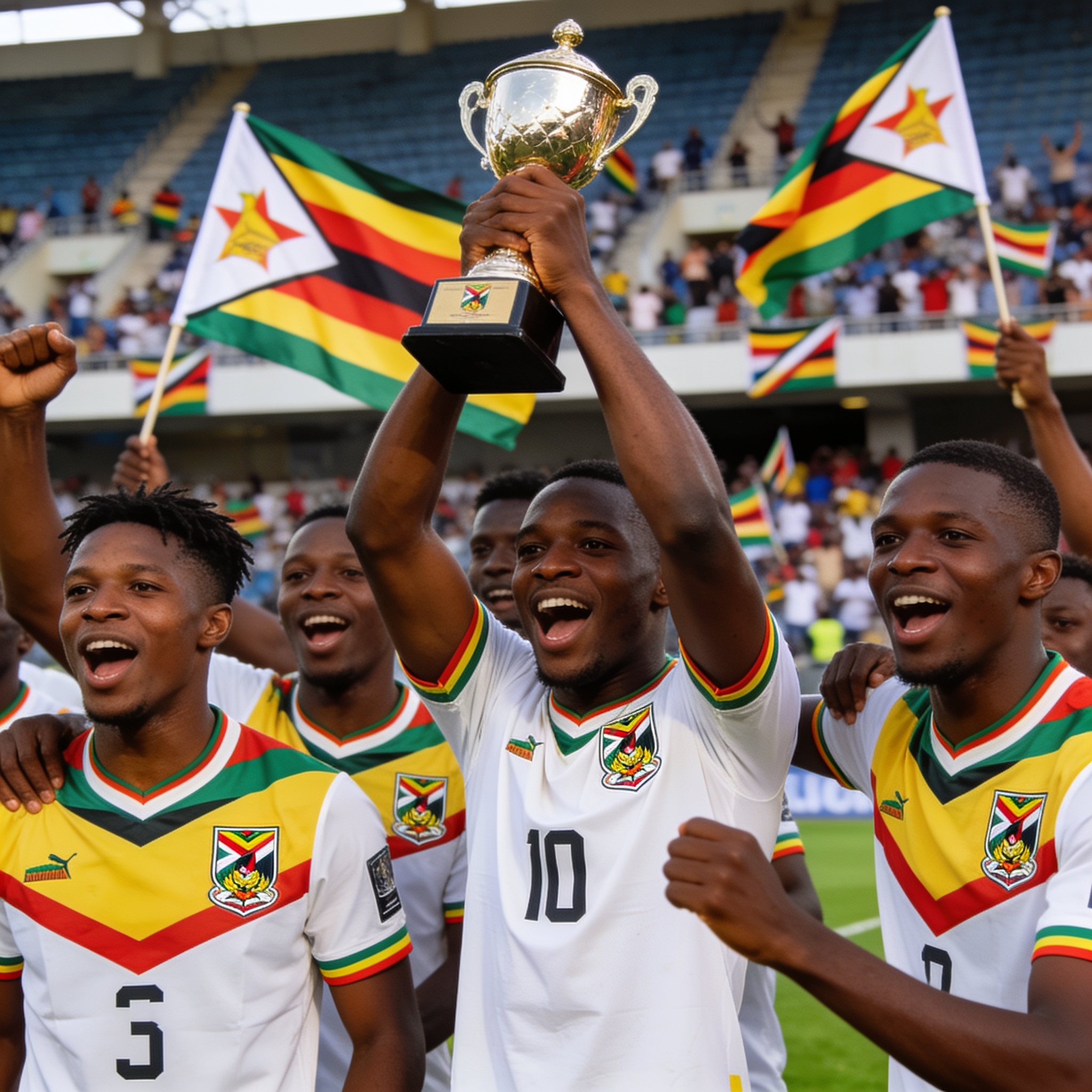 Create an editorial news illustration for an article about 'Zimbabwe Crowned Cossasa Champions After Dominant Final Win Over Lesotho'. The specific country is Zimbabwe (ZW); make visual cues accurate to this exact country and avoid flags or symbols o