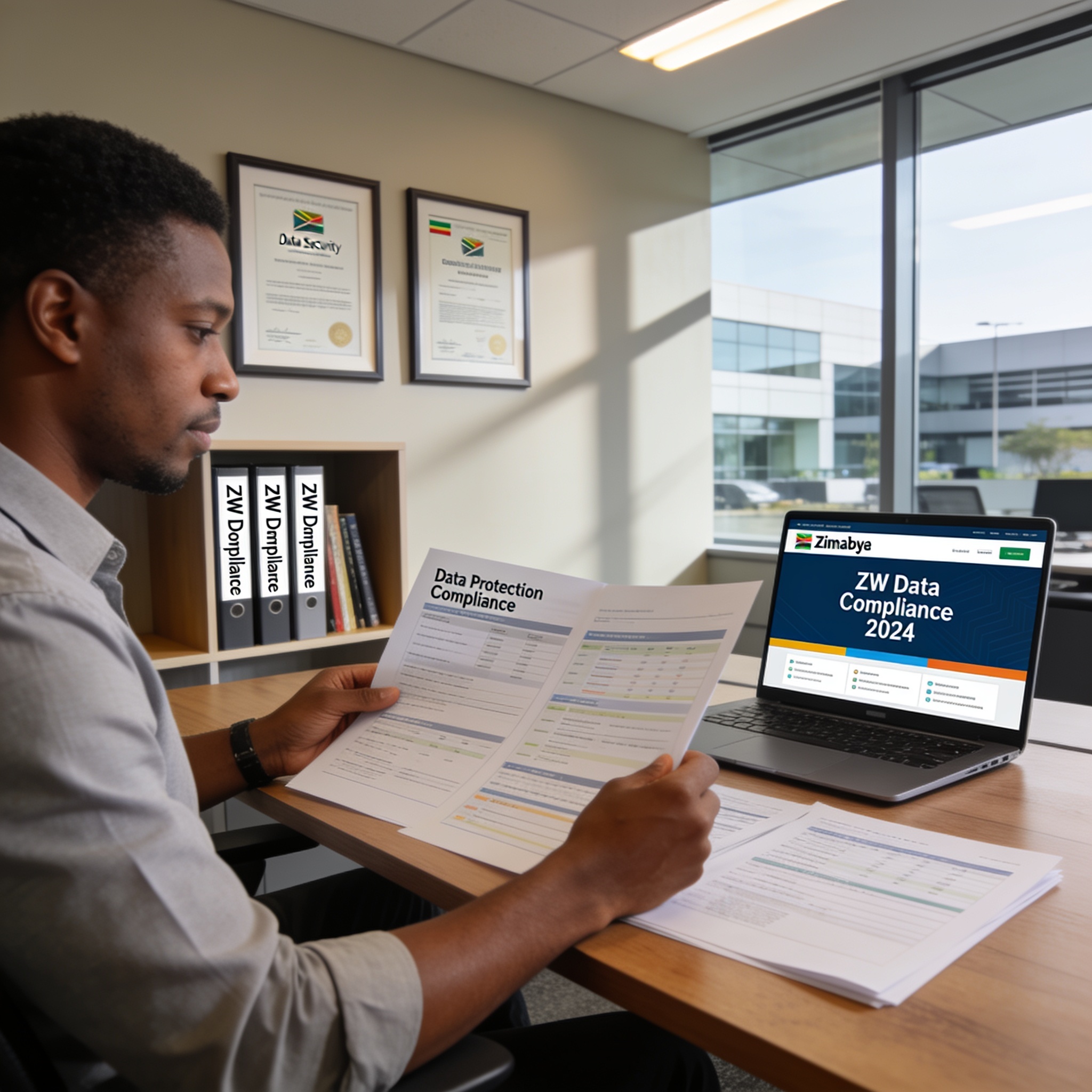 Create an editorial news illustration for an article about 'Zimbabwe Data Protection Deadline: Compliance Steps for Businesses'. The specific country is Zimbabwe (ZW); make visual cues accurate to this exact country and avoid flags or symbols of simi