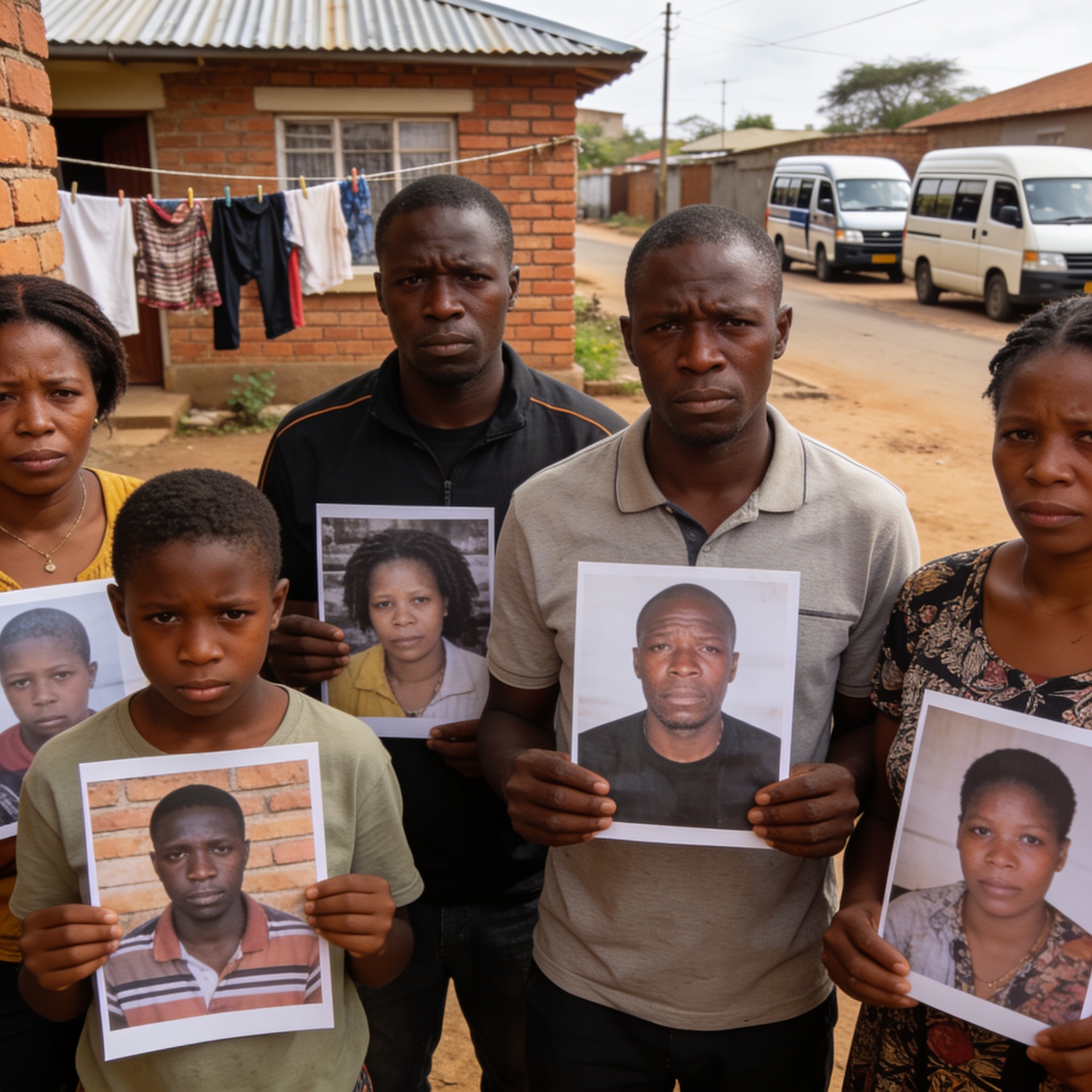 Create an editorial news illustration for an article about 'Zimbabwe Families Demand Answers as Relatives Are Recruited into Russia’s War'. The specific country is Zimbabwe (ZW); make visual cues accurate to this exact country and avoid flags or symb