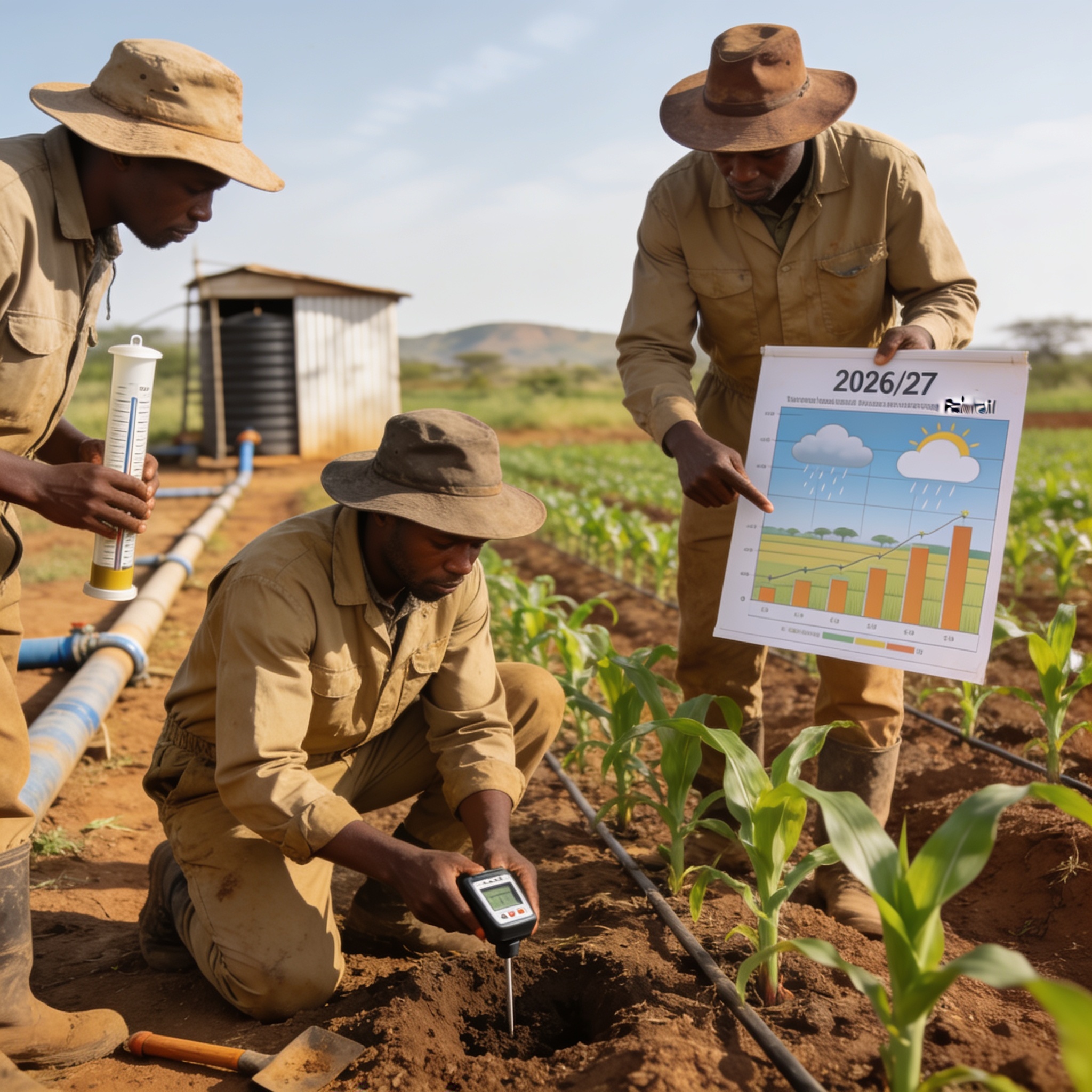 Create an editorial news illustration for an article about 'Zimbabwe Farmers Need a Rain-Aware Plan for 2026/27'. The specific country is Zimbabwe (ZW); make visual cues accurate to this exact country and avoid flags or symbols of similar countries.