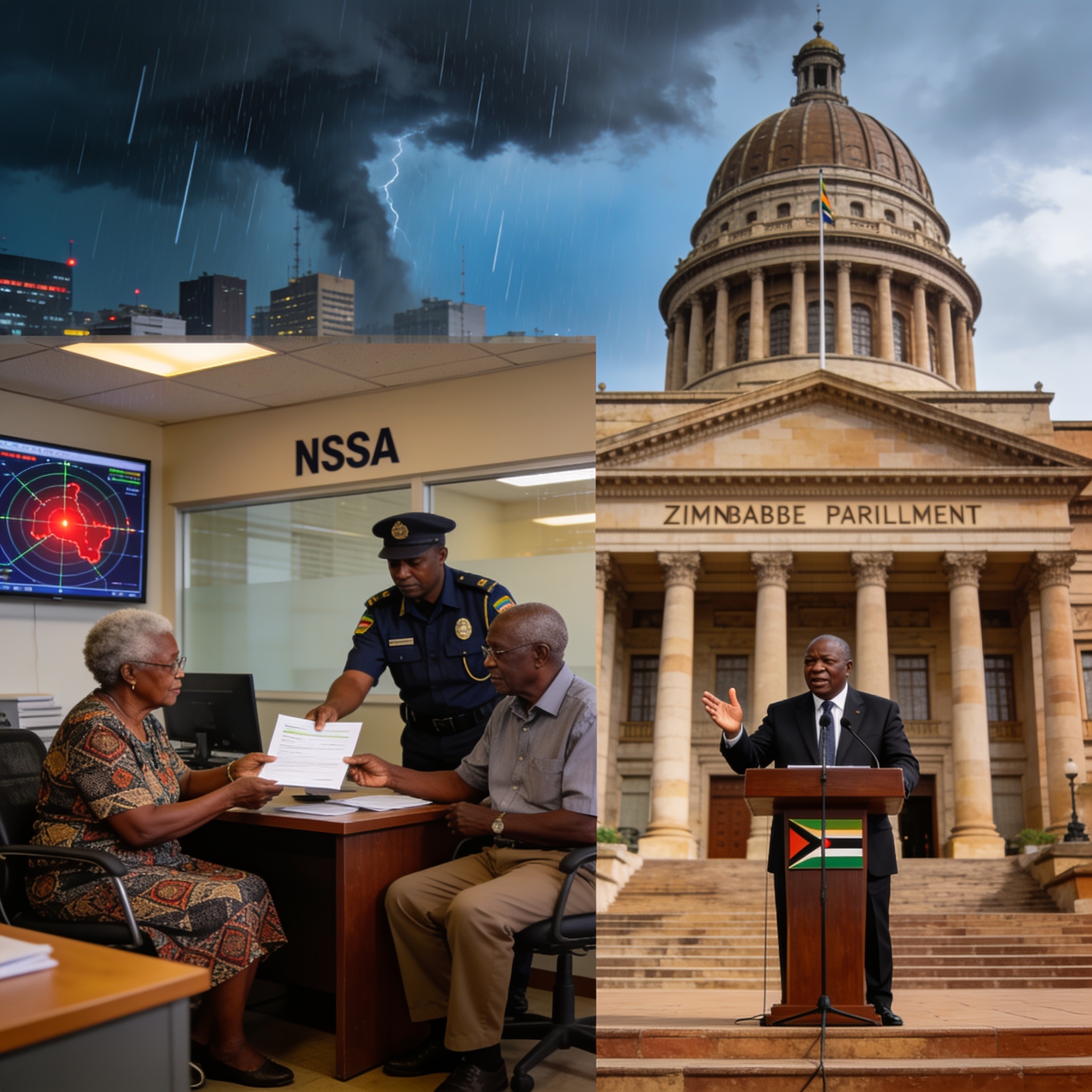 Create an editorial news illustration for an article about 'Zimbabwe News: Mnangagwa to Deliver SONA, NSSA Raises Pensions, Storm Warning'. The specific country is Zimbabwe (ZW); make visual cues accurate to this exact country and avoid flags or symb