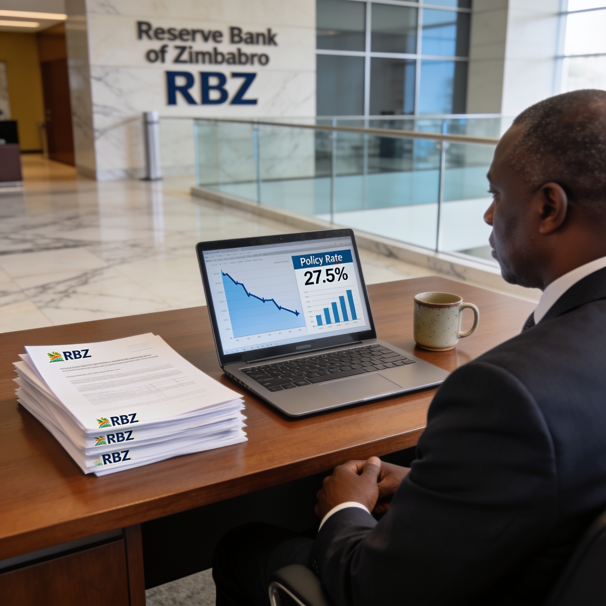 Create an editorial news illustration for an article about 'Zimbabwe RBZ Cuts Policy Rate to 27.5% as Inflation Slows'. The specific country is Zimbabwe (ZW); make visual cues accurate to this exact country and avoid flags or symbols of similar count