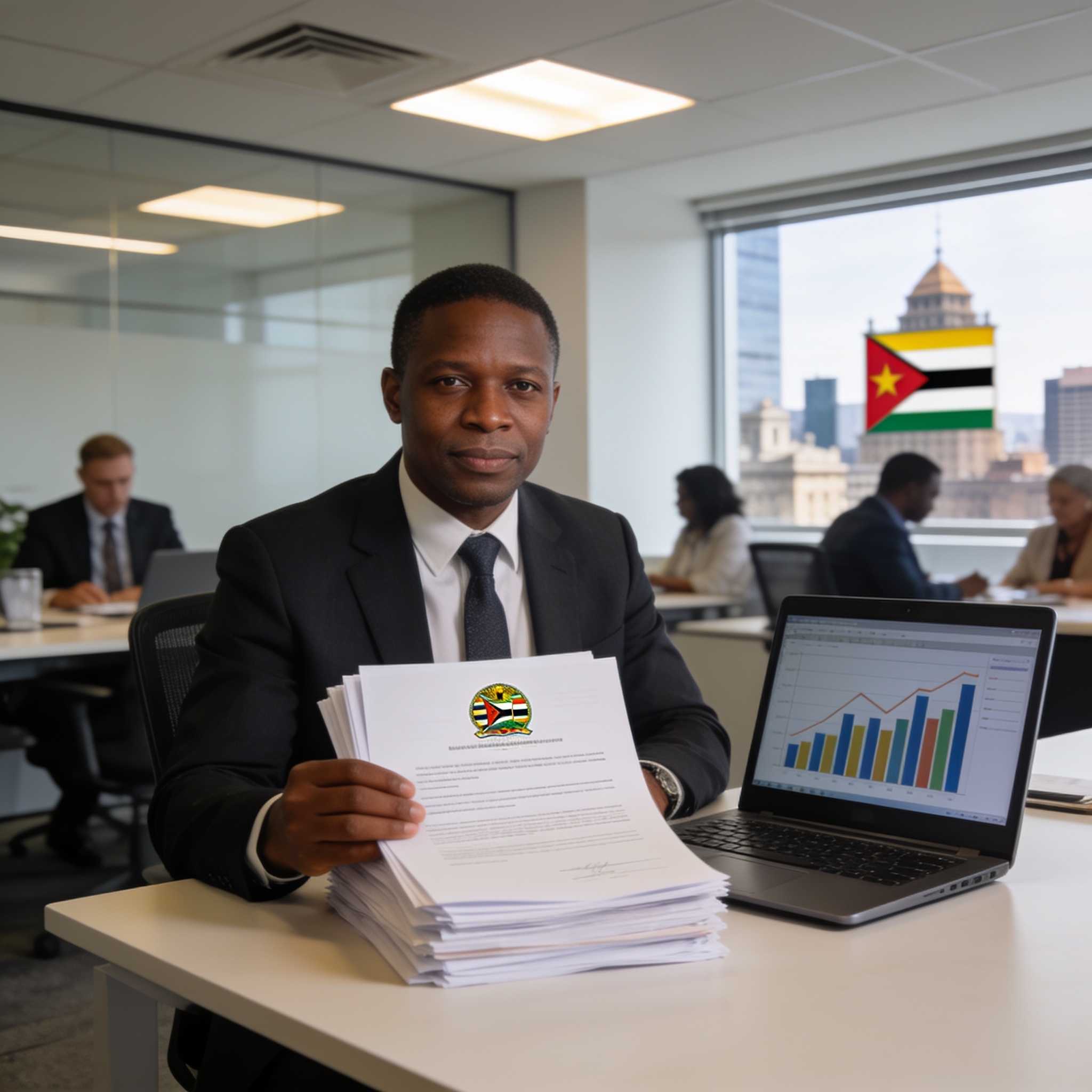 Create an editorial news illustration for an article about 'Zimbabwe Removes 291 Fees to Lower Cost of Doing Business'. The specific country is Zimbabwe (ZW); make visual cues accurate to this exact country and avoid flags or symbols of similar count