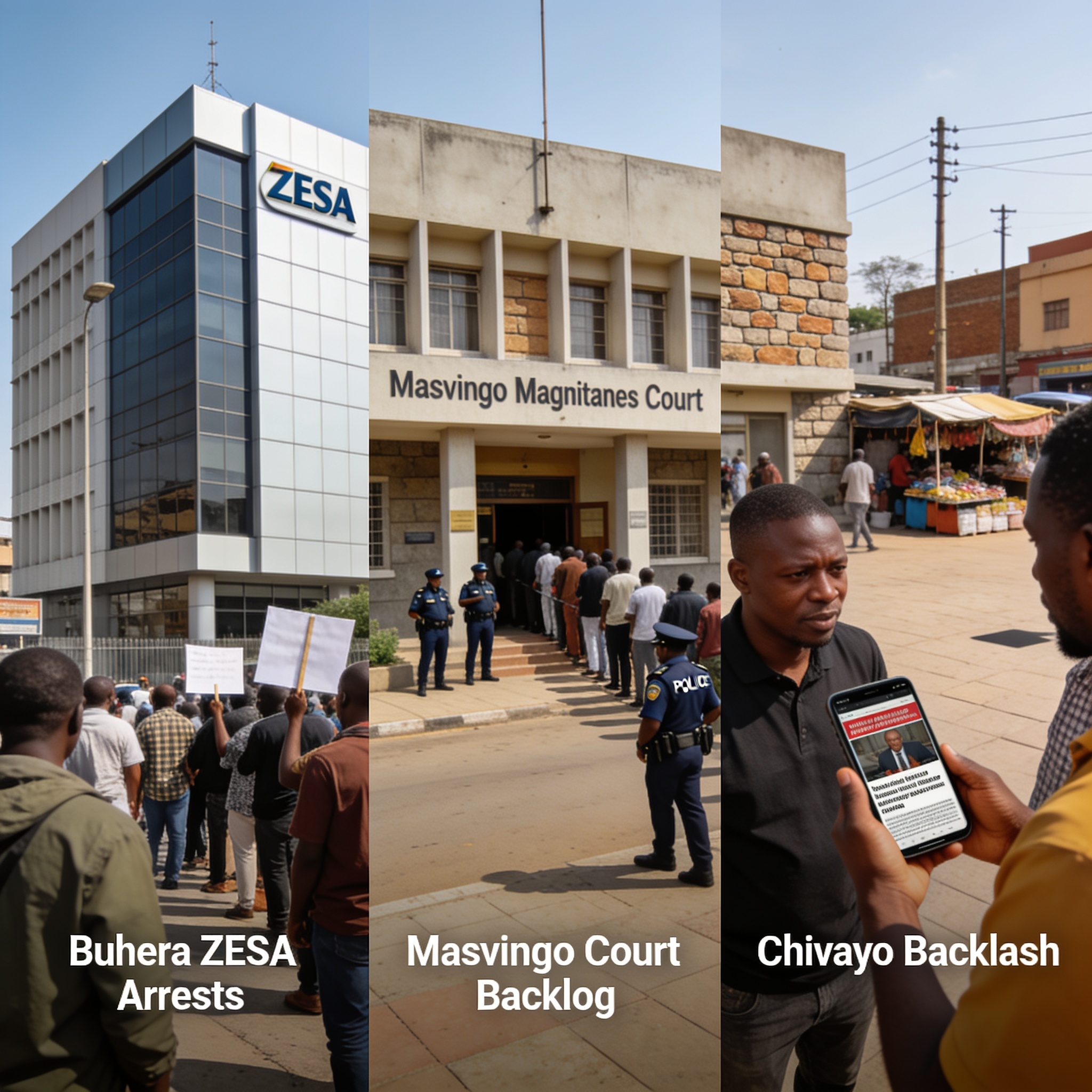 Create an editorial news illustration for an article about 'Zimbabwe Round-up: Chivayo Backlash, Masvingo Court Backlog and Buhera ZESA Arrests'. The specific country is Zimbabwe (ZW); make visual cues accurate to this exact country and avoid flags o