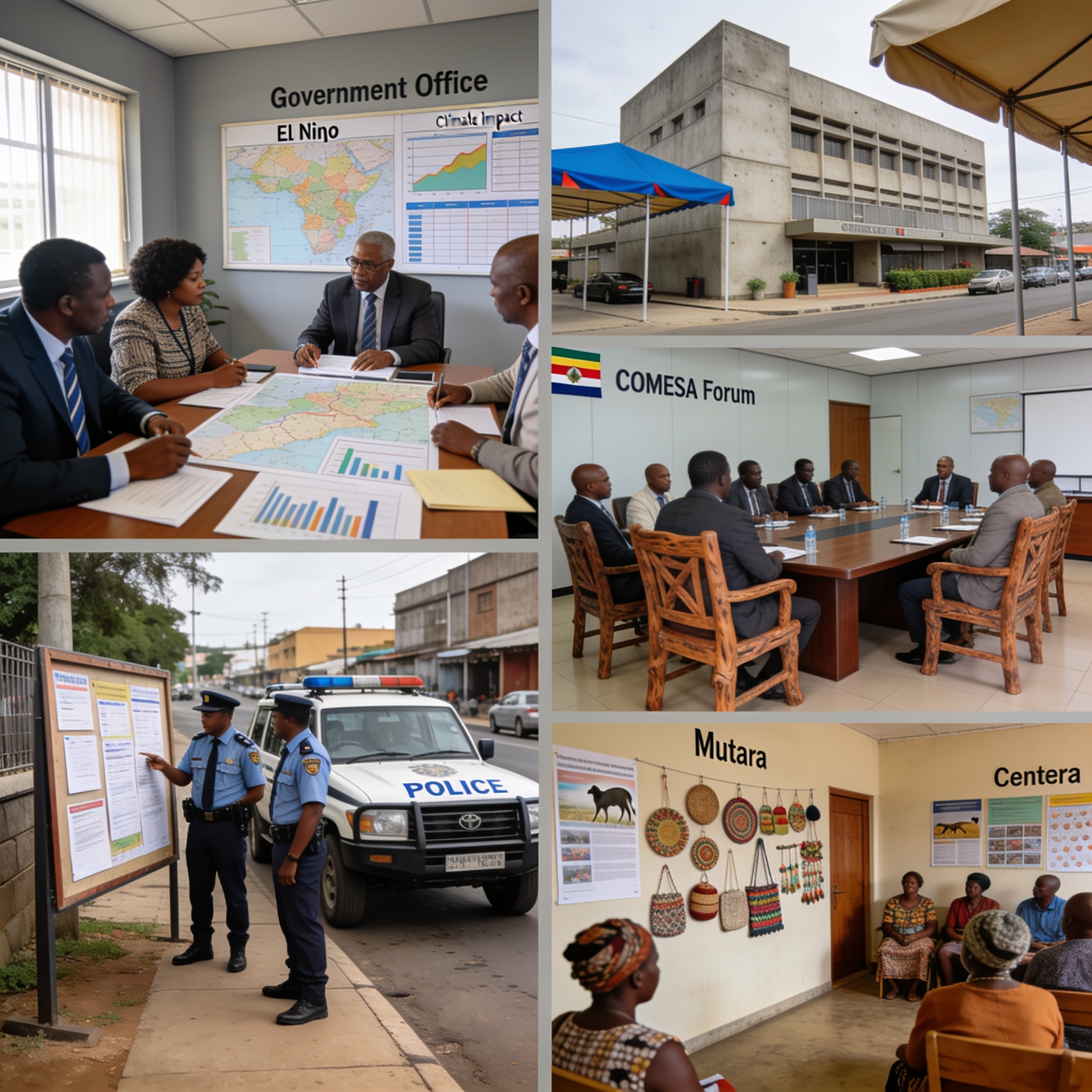 Create an editorial news illustration for an article about 'Zimbabwe Roundup: El Niño Planning, COMESA Forum, Politics and Crime'. The specific country is Zimbabwe (ZW); make visual cues accurate to this exact country and avoid flags or symbols of si