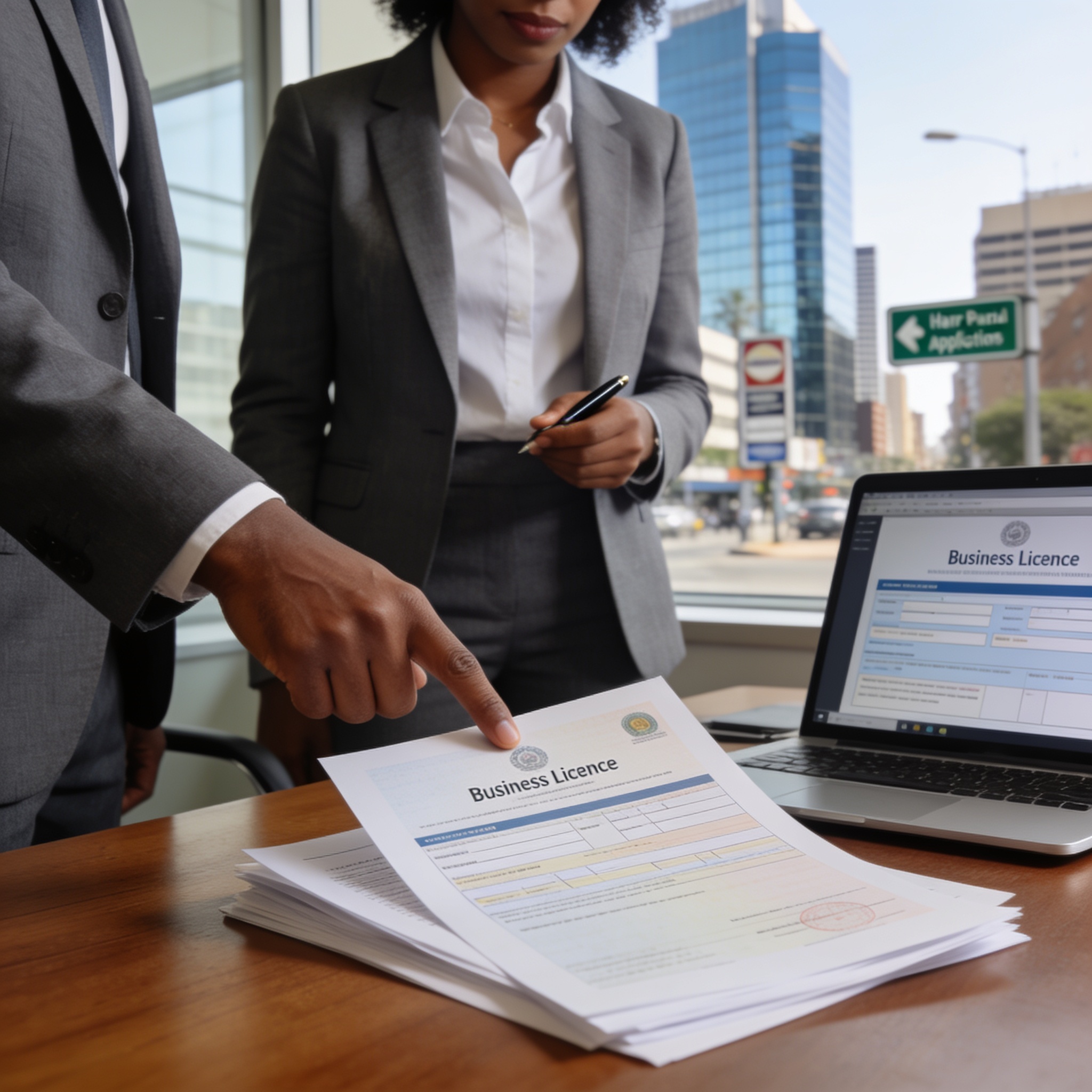 Create an editorial news illustration for an article about 'Zimbabwe Slashes Business Licence Fees in 13 Sectors to Boost Ease of Doing Business'. The specific country is Zimbabwe (ZW); make visual cues accurate to this exact country and avoid flags