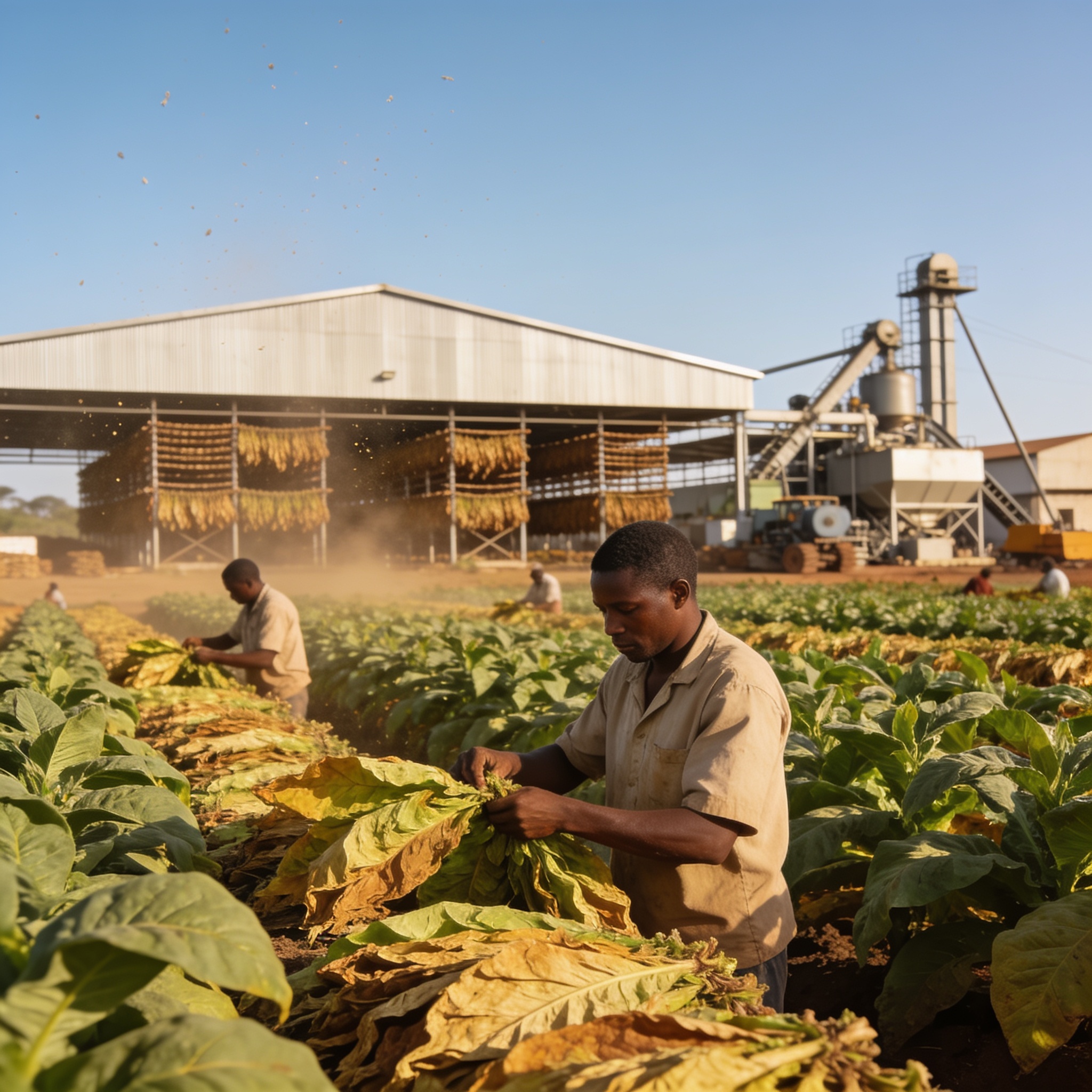 Create an editorial news illustration for an article about 'Zimbabwe Tobacco Output Climbs to 356.2 Million kg in 2026 Marketing Season'. The specific country is Zimbabwe (ZW); make visual cues accurate to this exact country and avoid flags or symbol