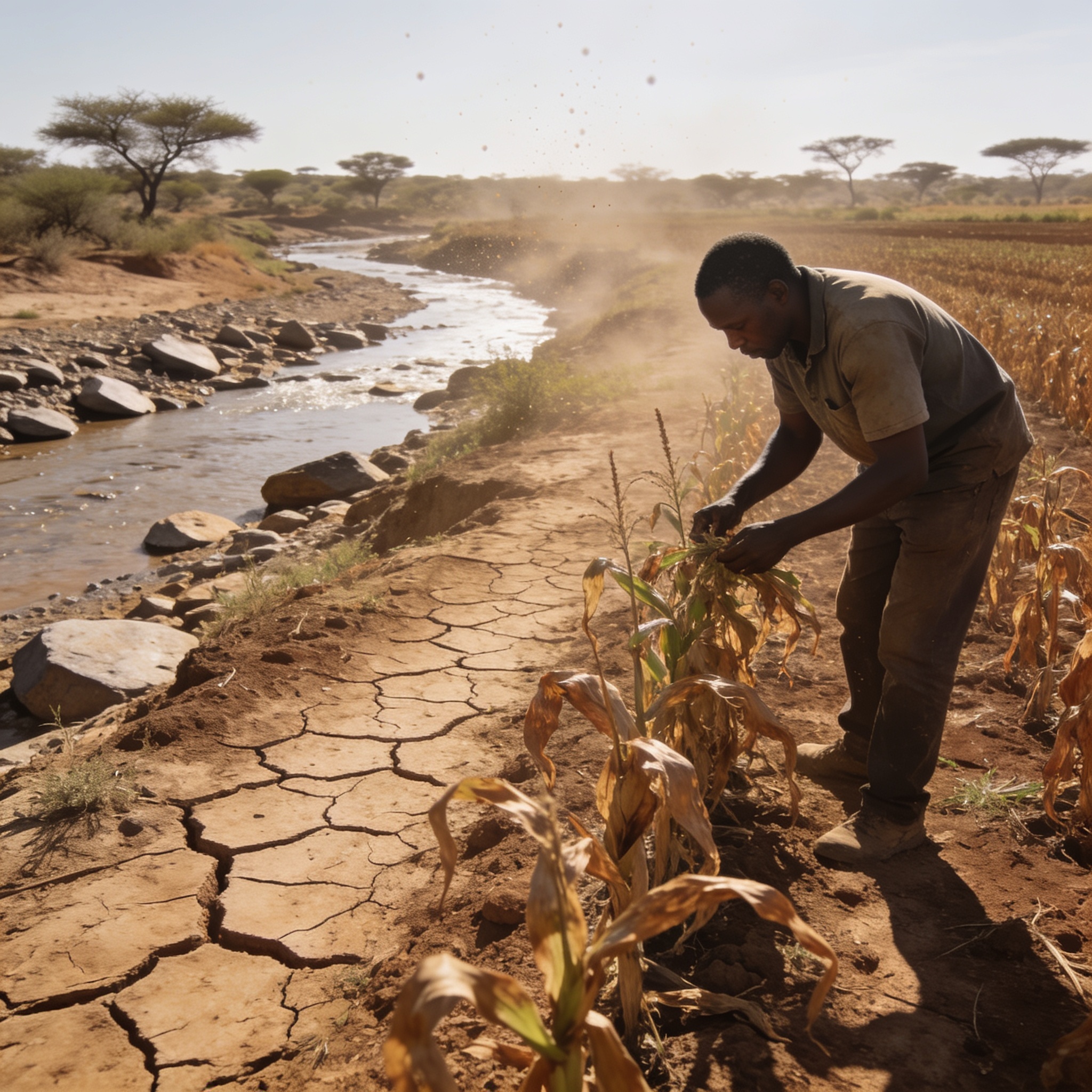 Create an editorial news illustration for an article about 'Zimbabwe Weather: MSD Predicts Hotter, Drier 2026/27 Summer Season'. The specific country is Zimbabwe (ZW); make visual cues accurate to this exact country and avoid flags or symbols of simi
