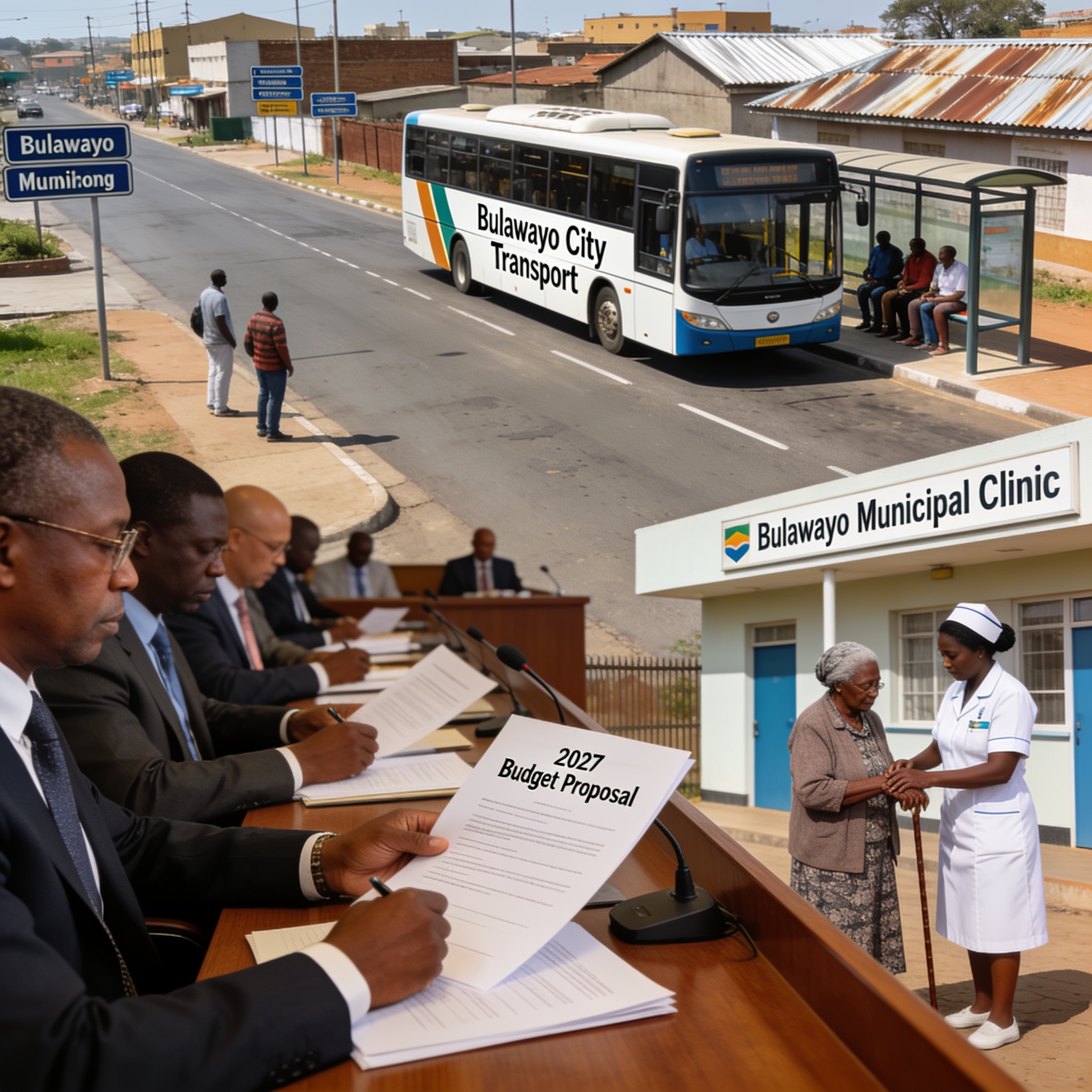 Create an editorial news illustration for an article about 'Bulawayo Council Proposes Record 2027 Budget as City Pushes Service Delivery'. The specific country is Zimbabwe (ZW); make visual cues accurate to this exact country and avoid flags or symbo