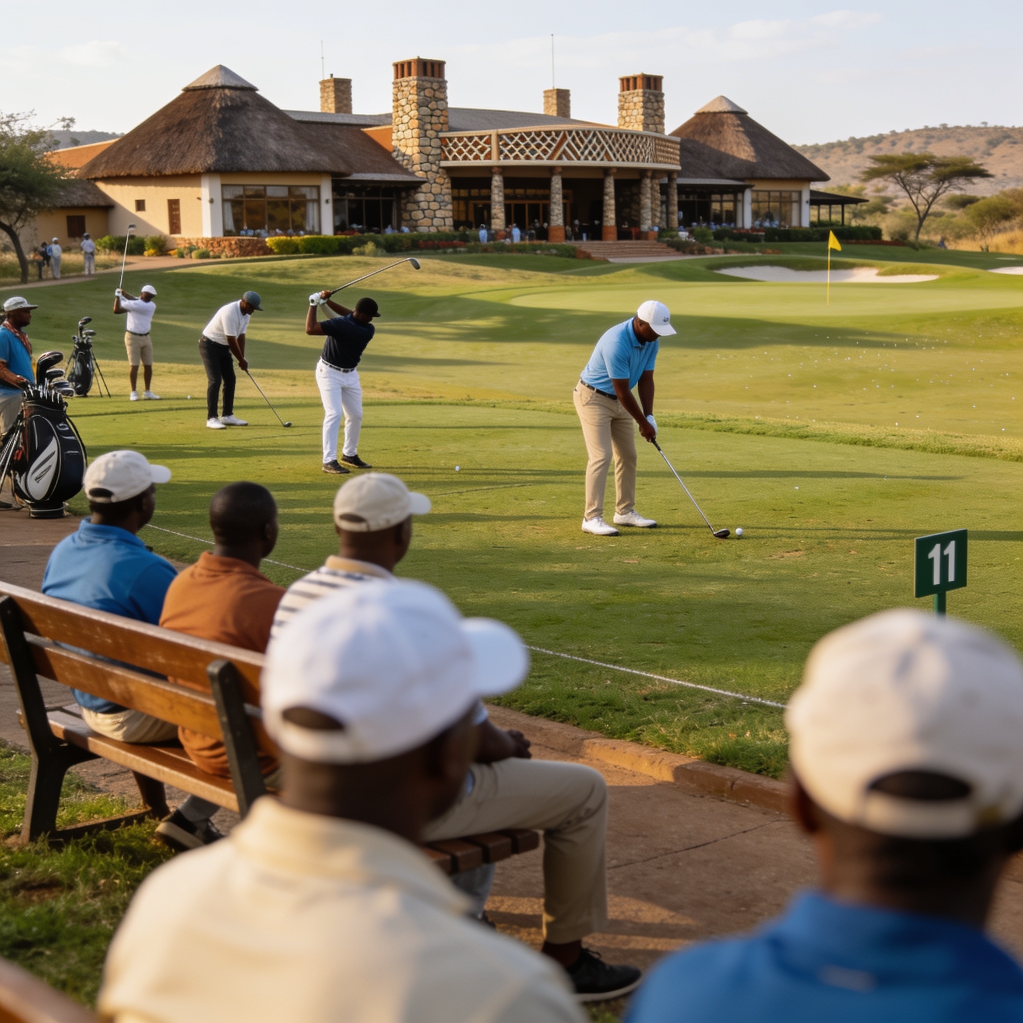 Create an editorial news illustration for an article about 'Chinhoyi Set to Host First Munhumutapa Golf Tournament Ahead of ZANU PF National Conference'. The specific country is Zimbabwe (ZW); make visual cues accurate to this exact country and avoid