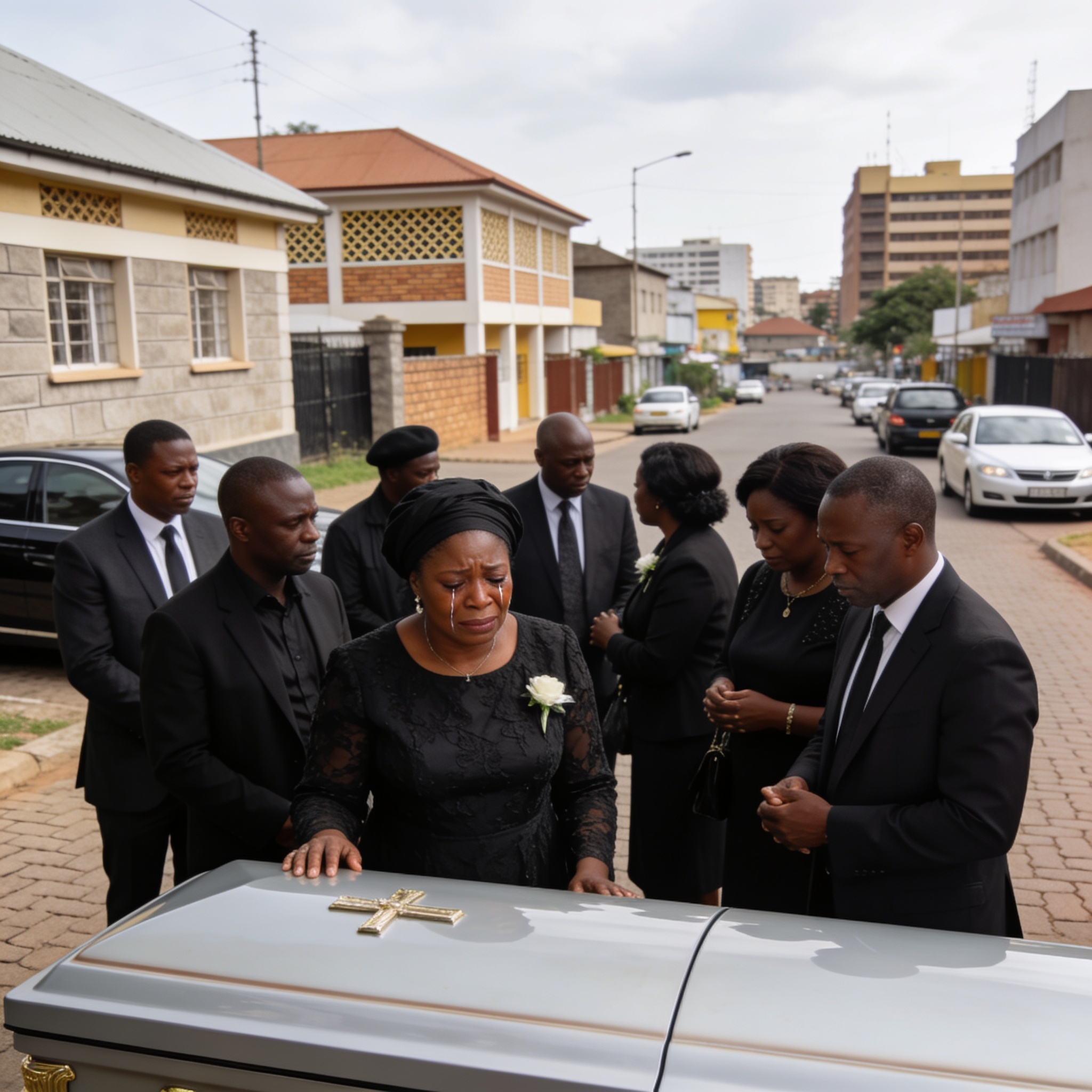 Create an editorial news illustration for an article about "Chivayo Funeral Turns Into Harare's Succession and Accountability Debate". The specific country is Zimbabwe (ZW); make visual cues accurate to this exact country and avoid flags or symbols o