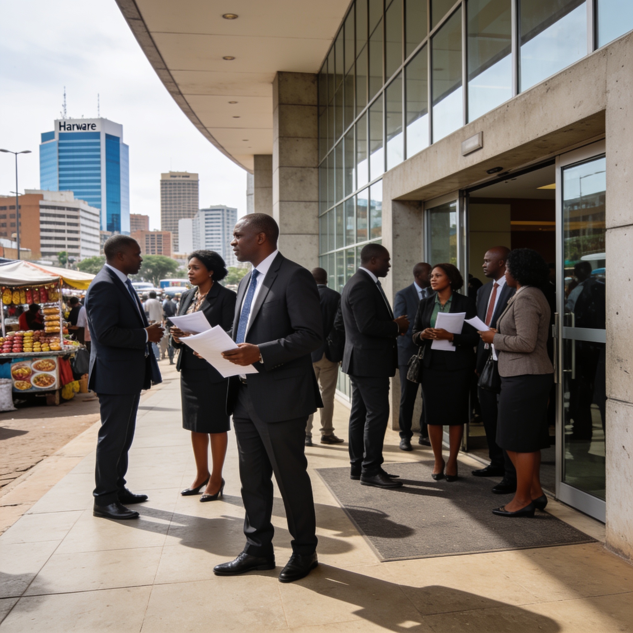 Create an editorial news illustration for an article about 'COMESA Summit Opens in Harare as Zimbabwe Faces Domestic Economic and Civic Tests'. The specific country is Zimbabwe (ZW); make visual cues accurate to this exact country and avoid flags or
