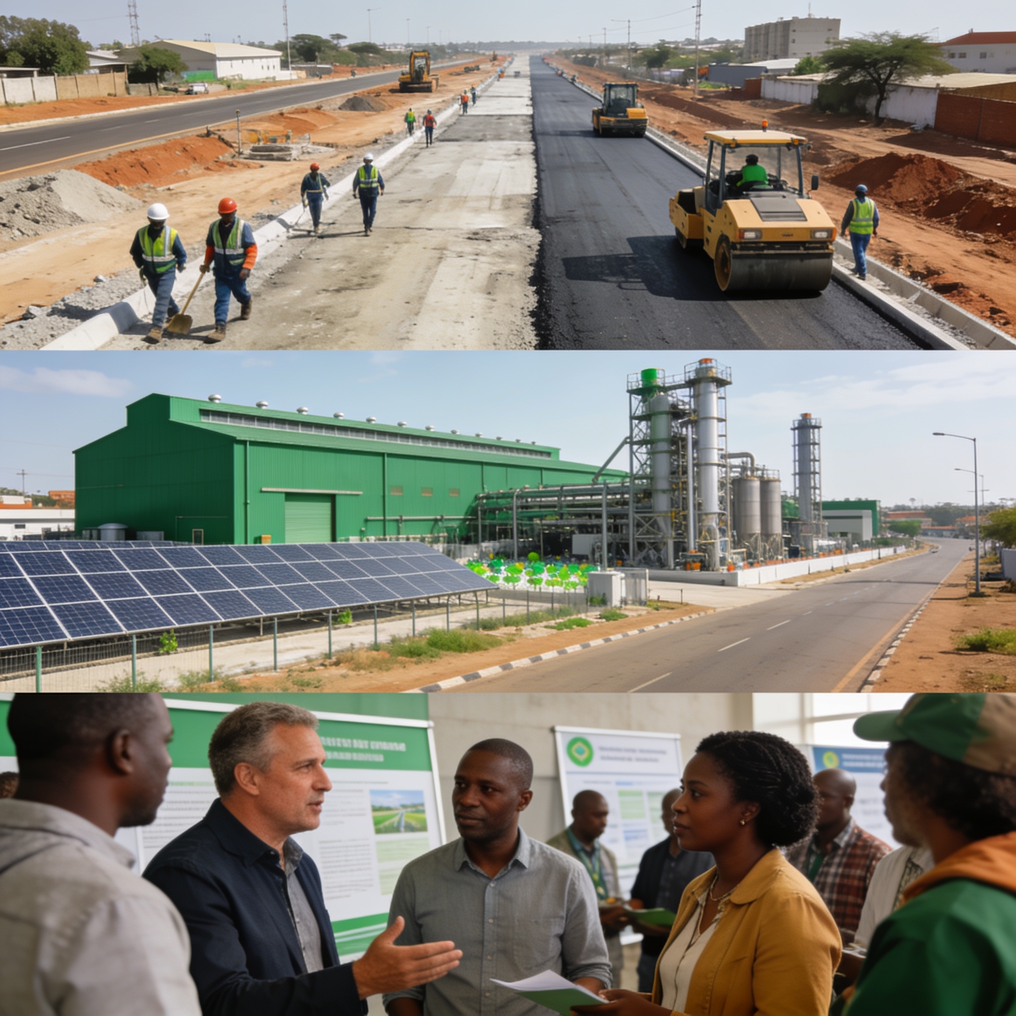 Create an editorial news illustration for an article about "Harare's COMESA Moment: Zimbabwe Balances Green Industry, Roads and Voter Trust". The specific country is Zimbabwe (ZW); make visual cues accurate to this exact country and avoid flags or sy