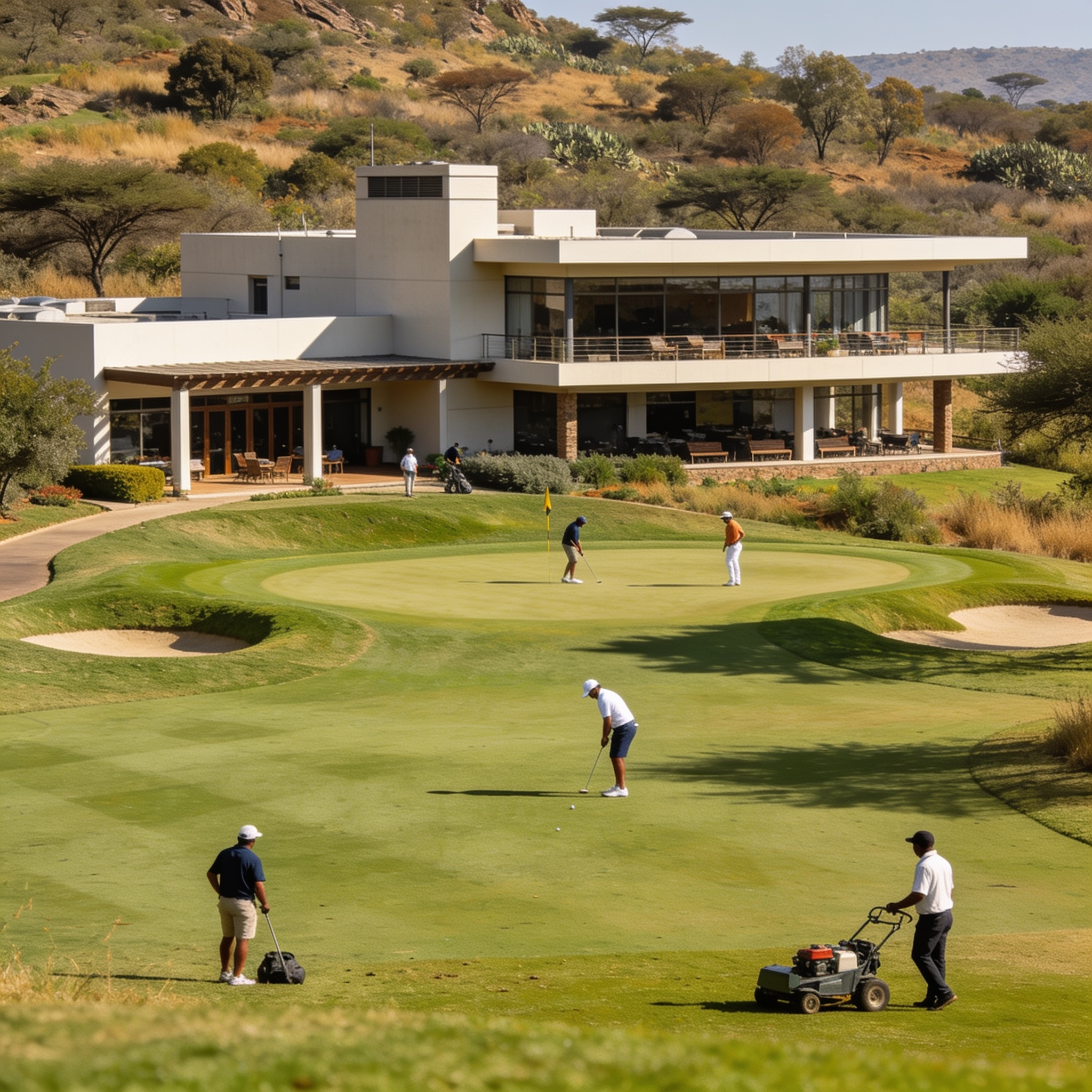 Create an editorial news illustration for an article about "Harare's Redesigned Hills Golf Course to Reopen in March 2027". The specific country is Zimbabwe (ZW); make visual cues accurate to this exact country and avoid flags or symbols of similar c