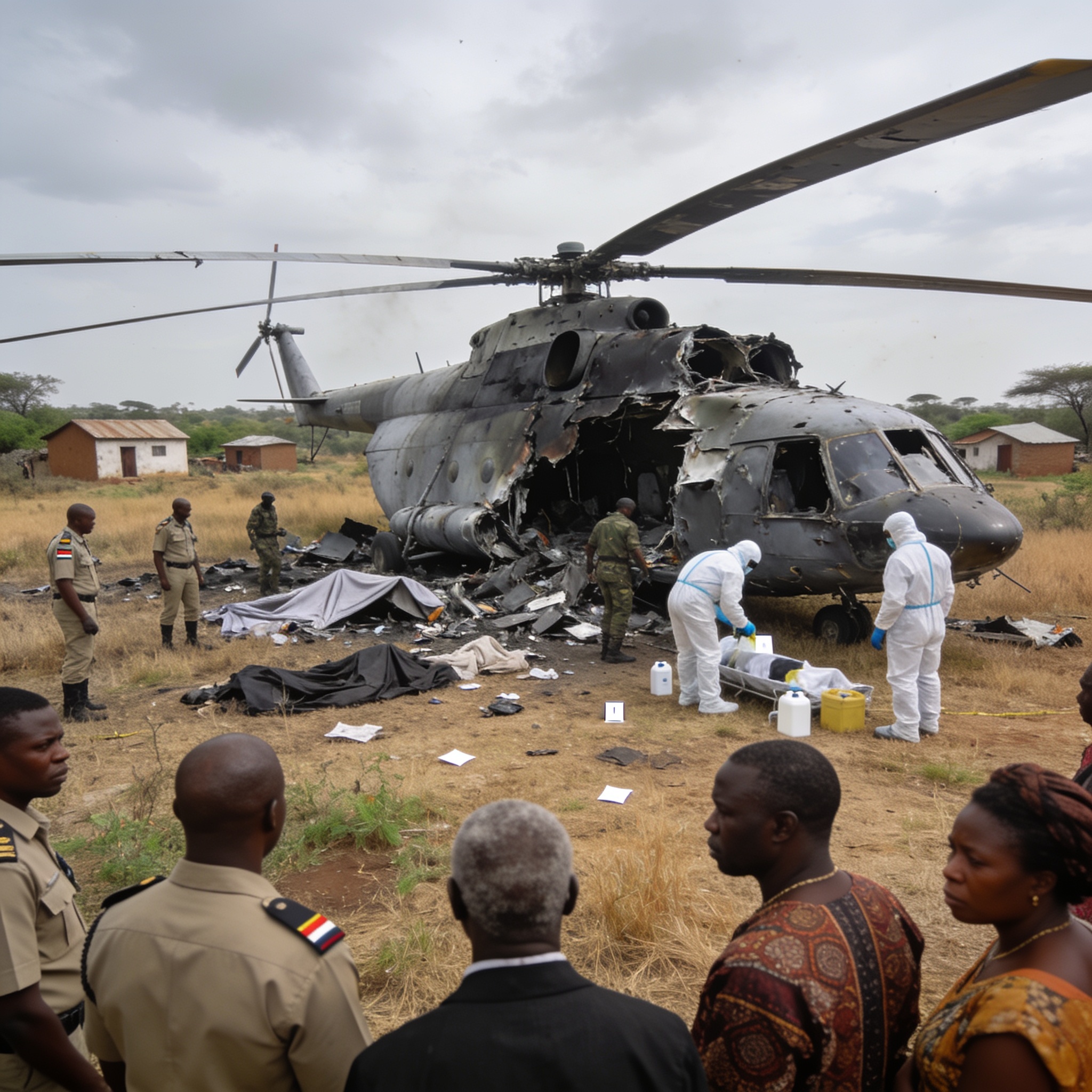 Create an editorial news illustration for an article about 'Marondera Helicopter Crash: Zimbabwe Mourns Wicknell Chivayo as Investigation Deepens'. The specific country is Zimbabwe (ZW); make visual cues accurate to this exact country and avoid flags