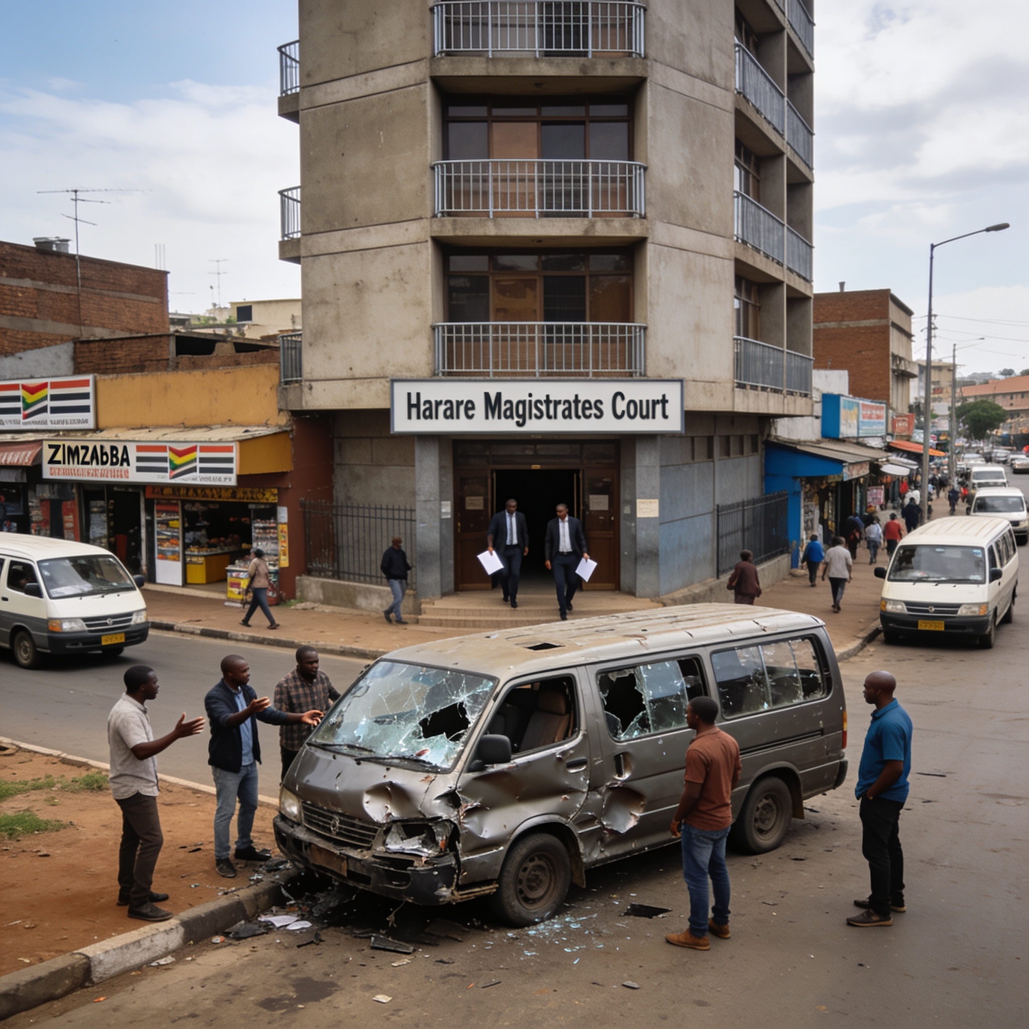 Create an editorial news illustration for an article about 'Nation in Shock: Zimbabwe Grapples with Chivayo Crash Aftermath, Legal Reforms, and Local Controversies'. The specific country is Zimbabwe (ZW); make visual cues accurate to this exact count