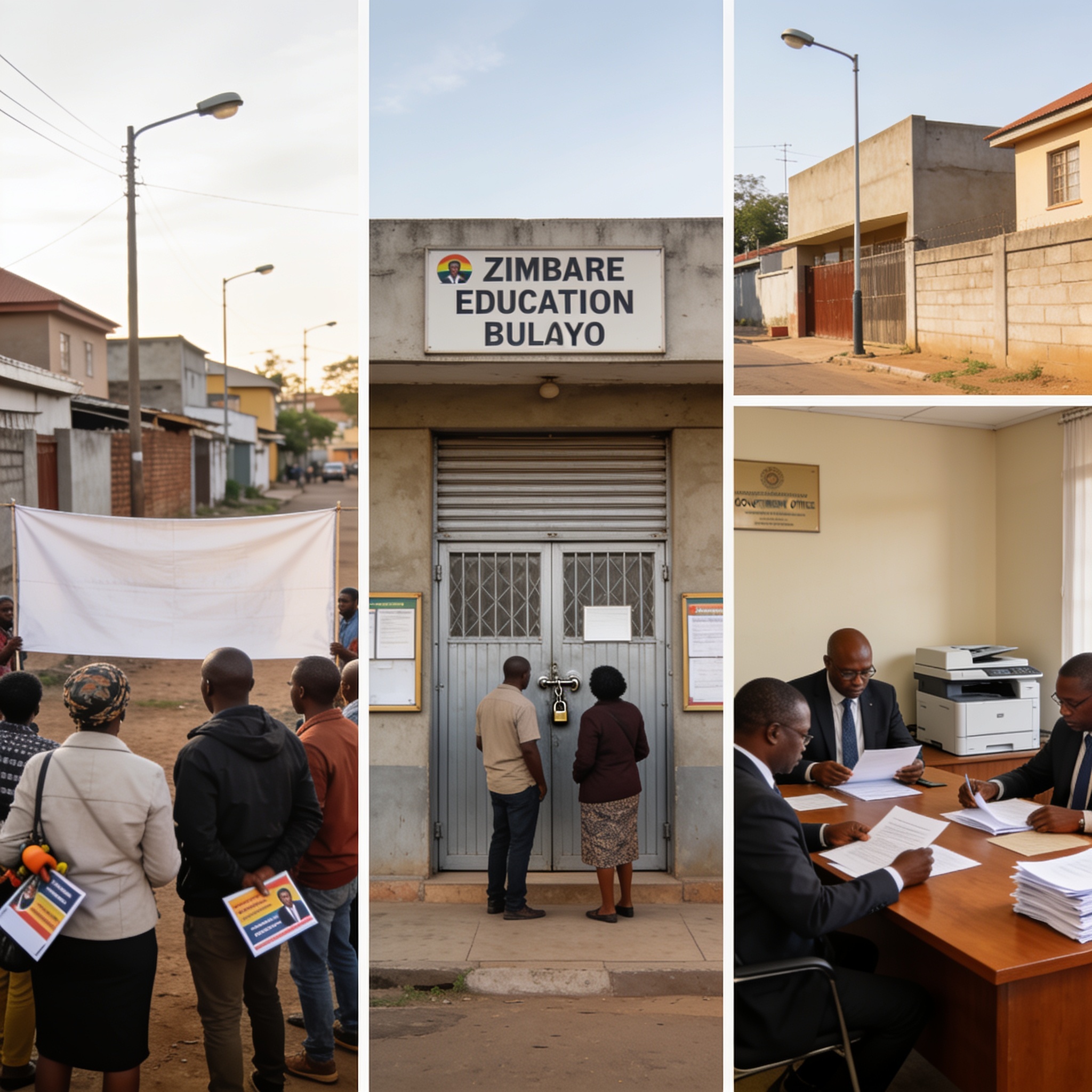 Create an editorial news illustration for an article about 'October in Zimbabwe: Intimate Partner Violence Campaign Launches, Education Office Closures, and New Budget Rules'. The specific country is Zimbabwe (ZW); make visual cues accurate to this e