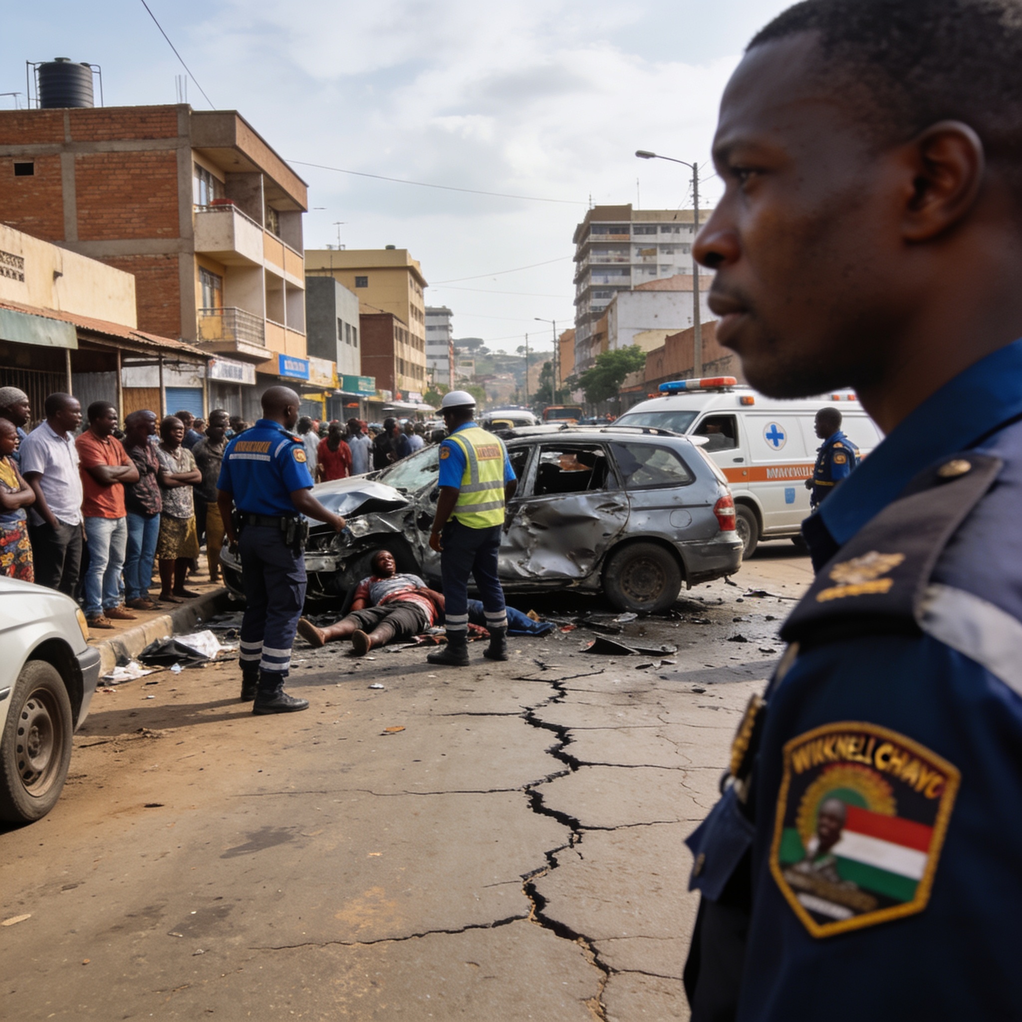Create an editorial news illustration for an article about 'Wicknell Chivayo Crash: Zimbabwe Faces Grief, Anger and Tough Questions'. The specific country is Zimbabwe (ZW); make visual cues accurate to this exact country and avoid flags or symbols of