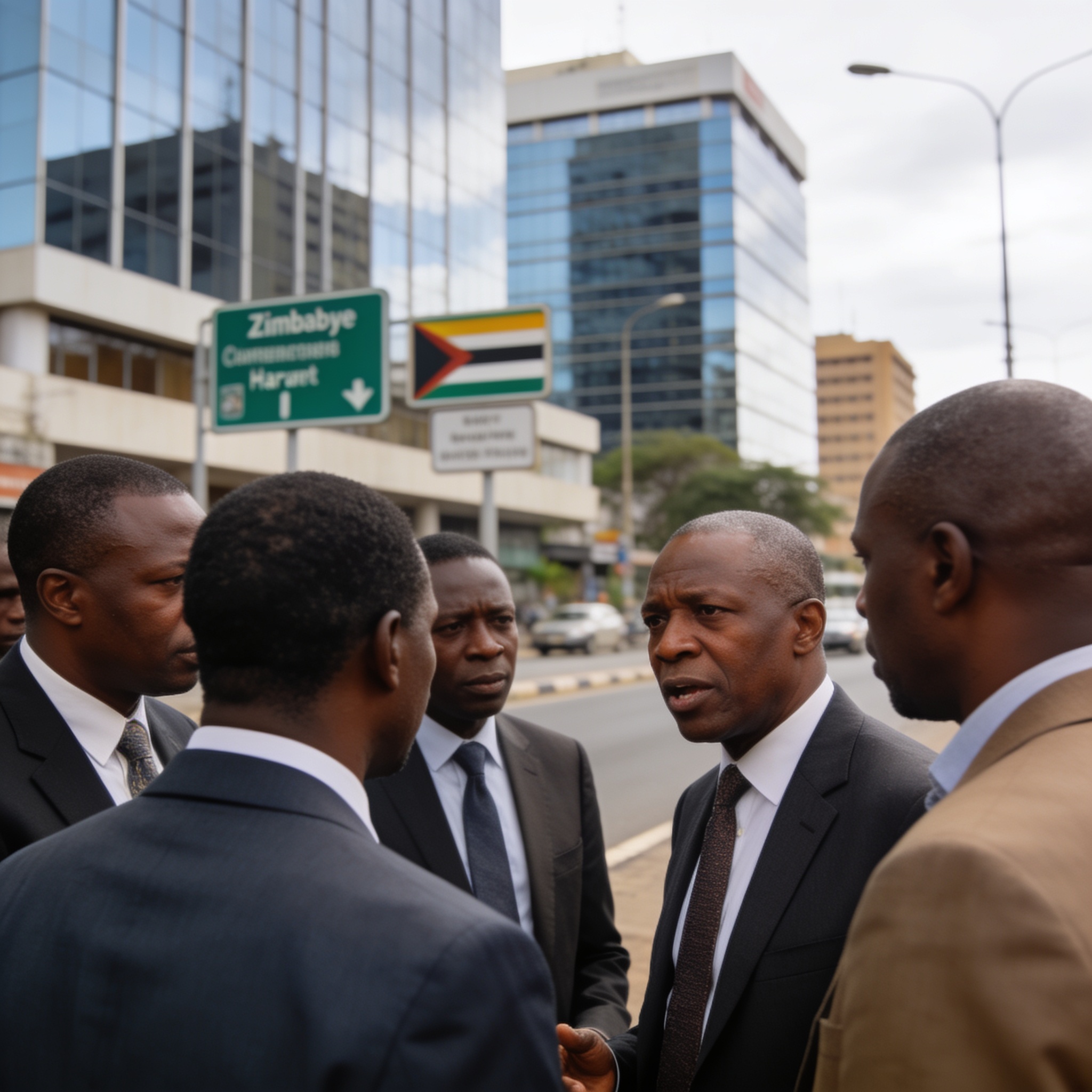Create an editorial news illustration for an article about "ZANU-PF Infighting After Chiwenga's Review Call Echoes in Harare". The specific country is Zimbabwe (ZW); make visual cues accurate to this exact country and avoid flags or symbols of simila