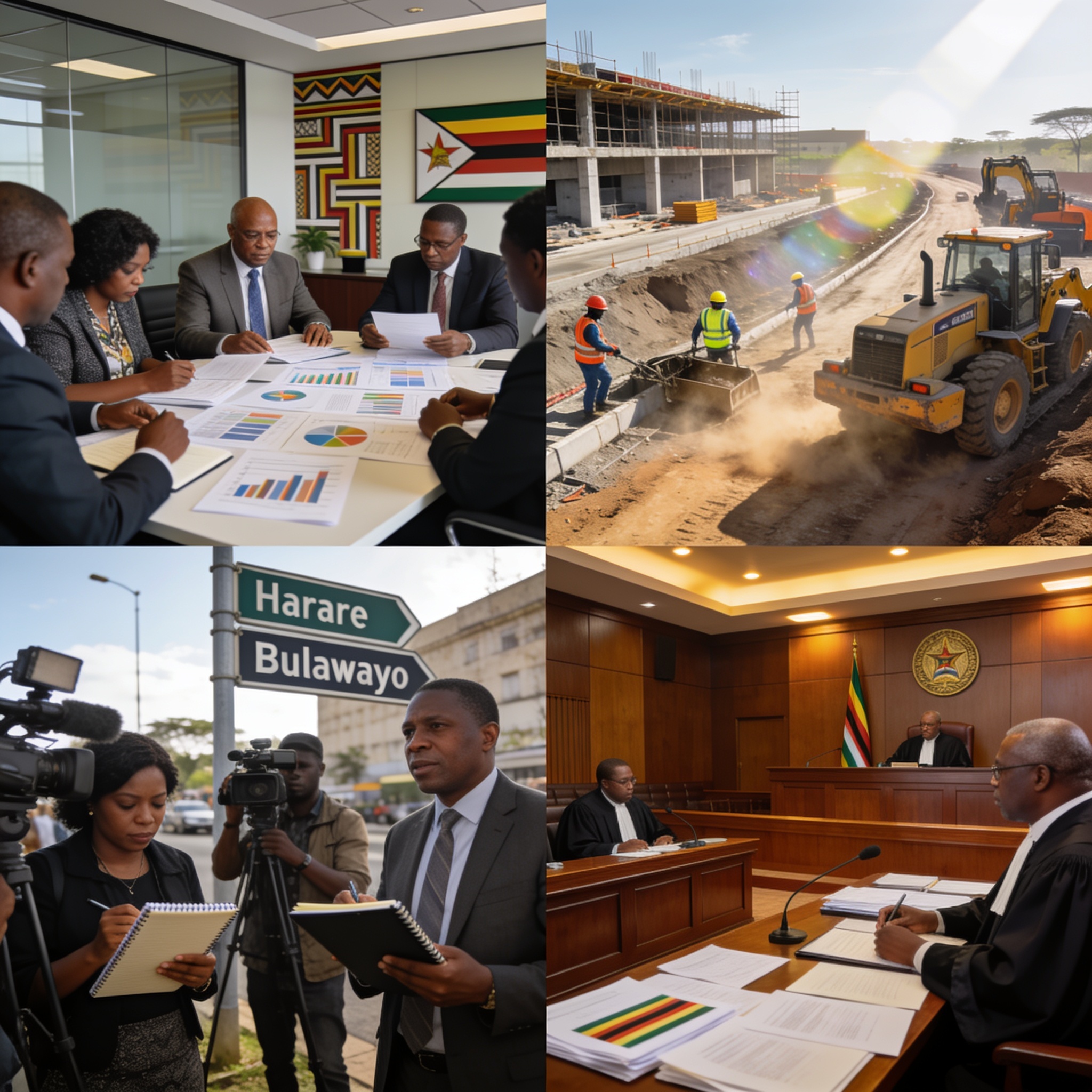 Create an editorial news illustration for an article about 'Zimbabwe Briefing: Budget Consultations, Infrastructure Push, Media Pressure and Court Cases'. The specific country is Zimbabwe (ZW); make visual cues accurate to this exact country and avoi
