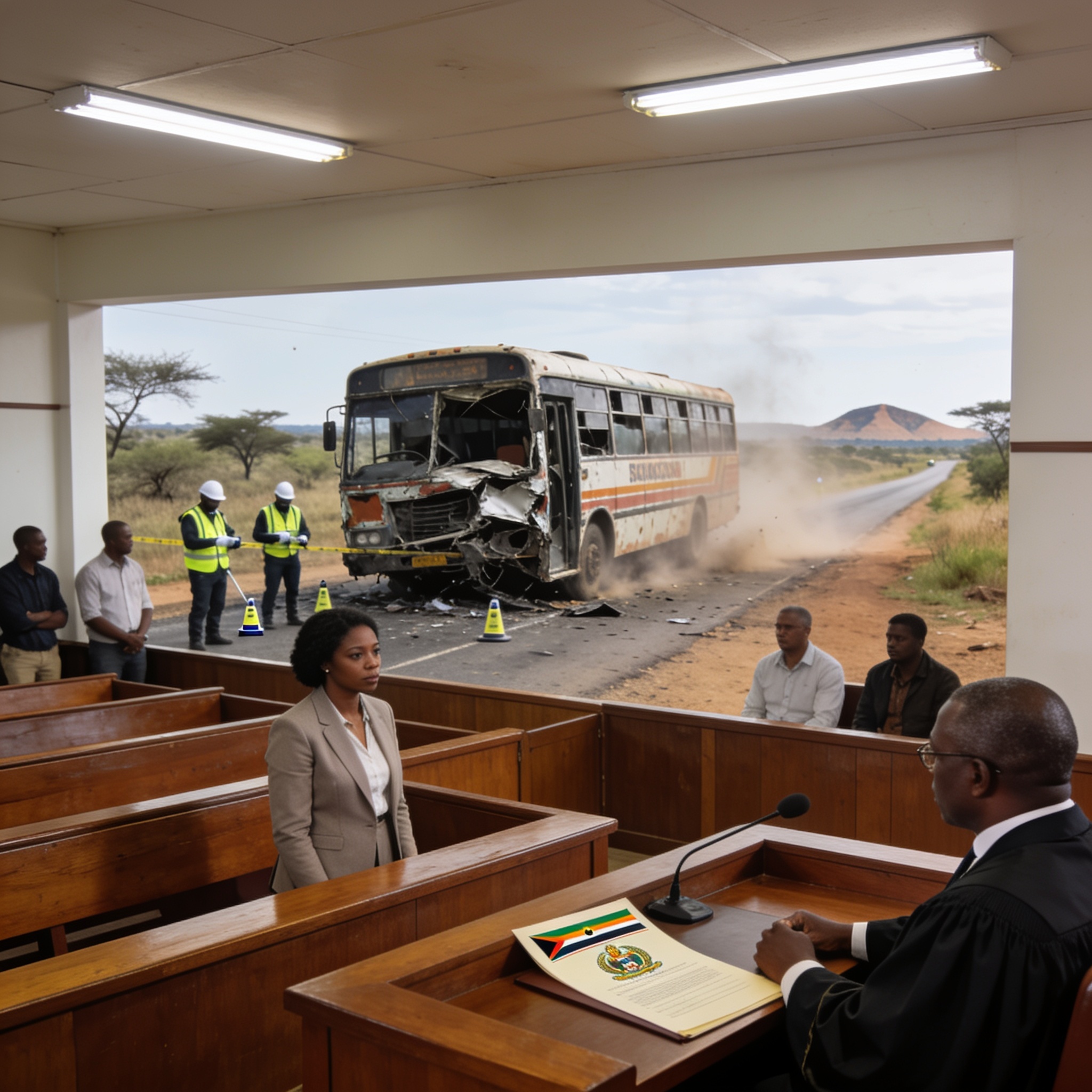 Create an editorial news illustration for an article about 'Zimbabwe Court Upholds Teacher Conviction As Crash Probe Continues'. The specific country is Zimbabwe (ZW); make visual cues accurate to this exact country and avoid flags or symbols of simi