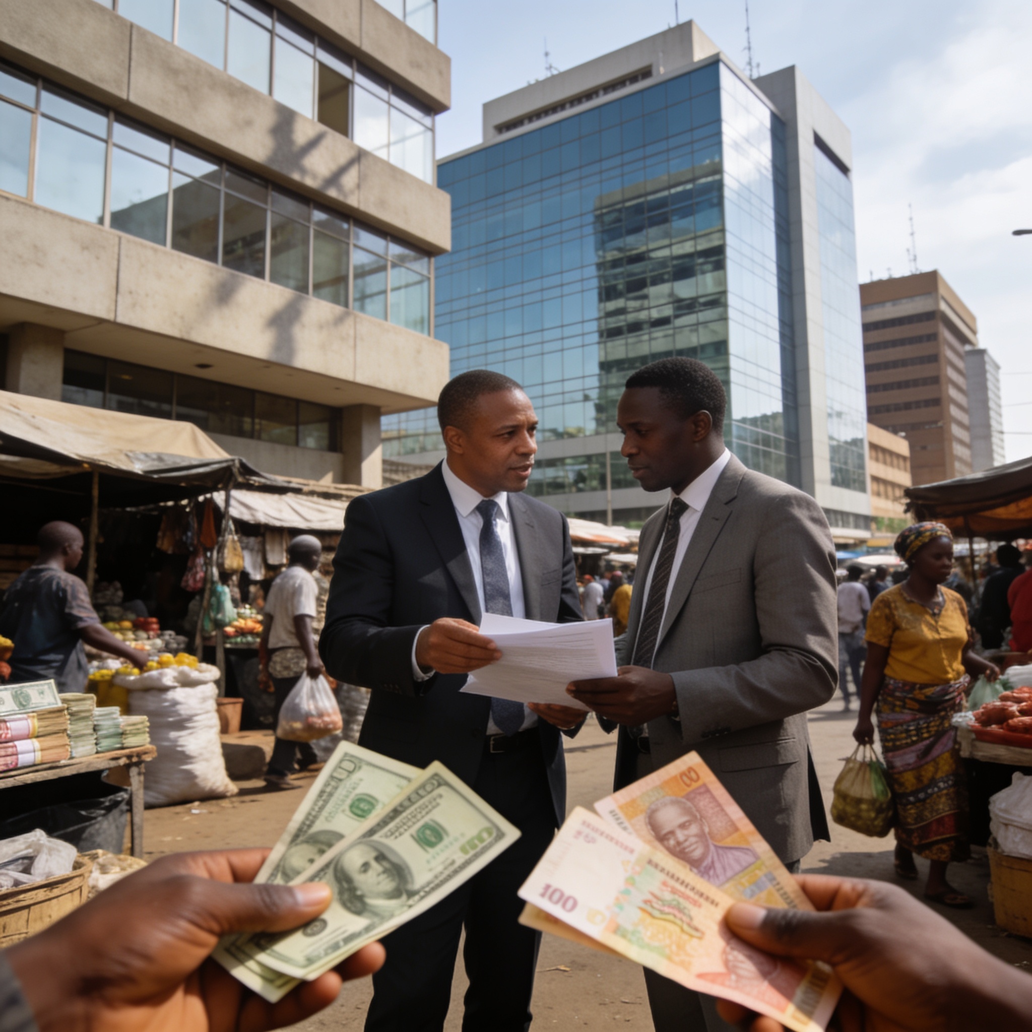 Create an editorial news illustration for an article about 'Zimbabwe Economy Rises in African Rankings While Dollar Dependence Tests Growth'. The specific country is Zimbabwe (ZW); make visual cues accurate to this exact country and avoid flags or sy