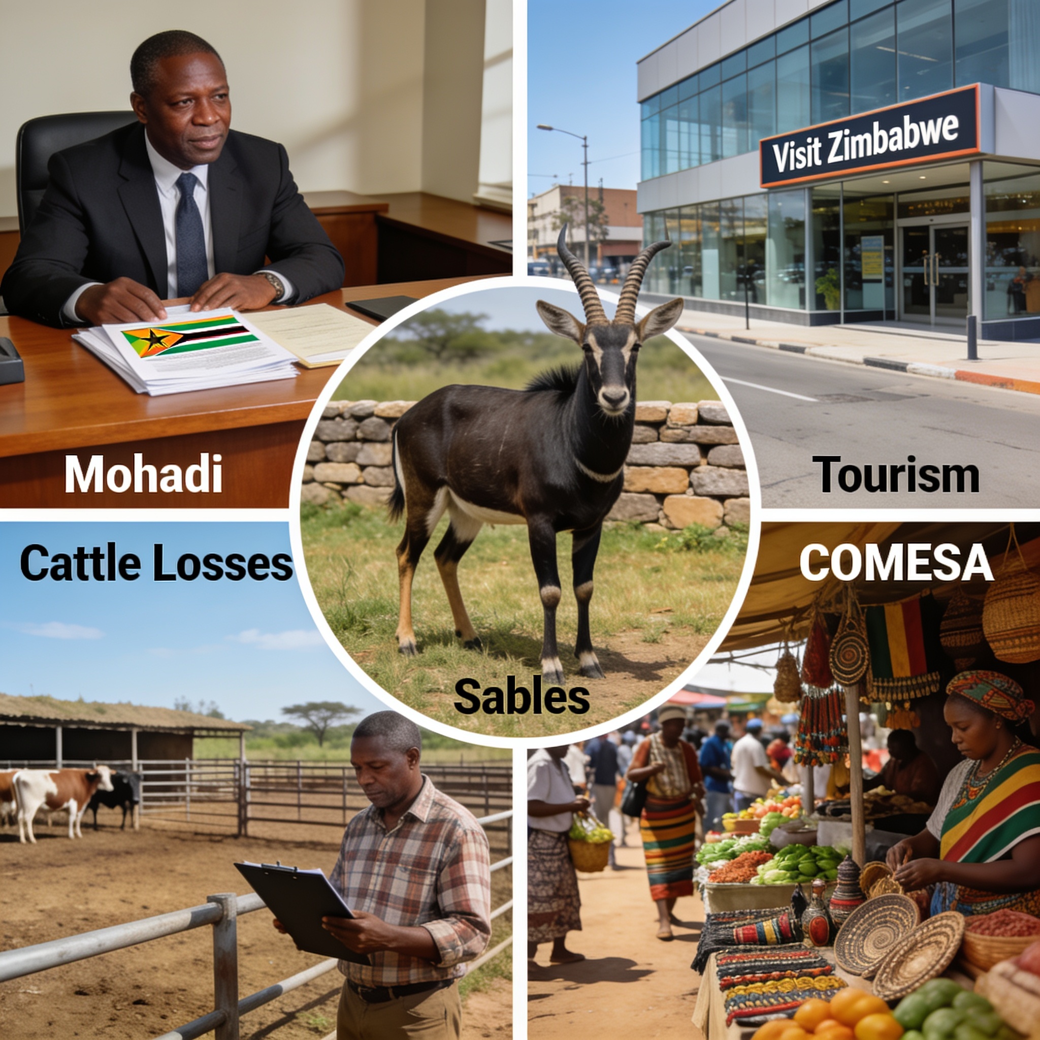 Create an editorial news illustration for an article about 'Zimbabwe News Briefing: Mohadi, Tourism, Cattle Losses, COMESA and Sables'. The specific country is Zimbabwe (ZW); make visual cues accurate to this exact country and avoid flags or symbols