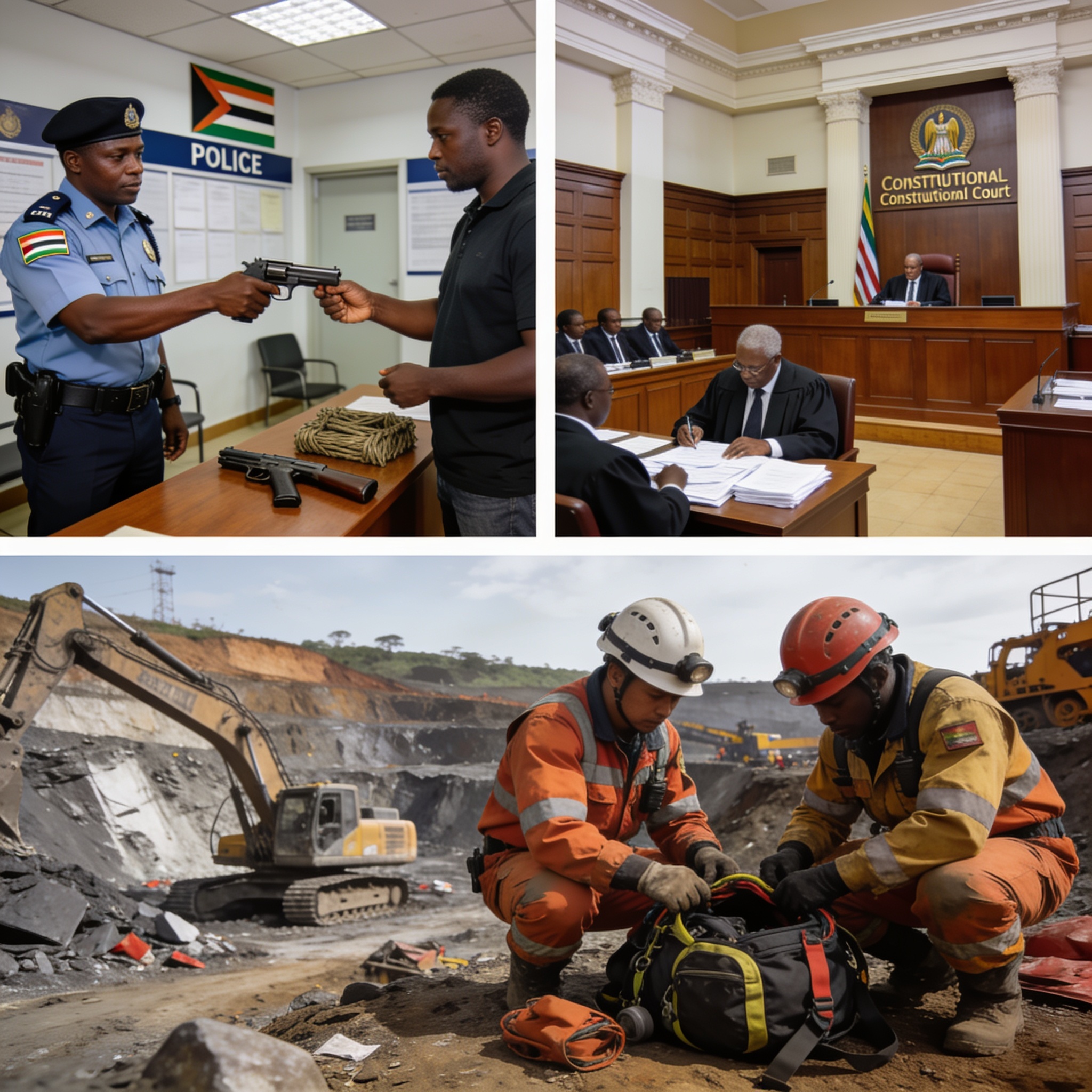 Create an editorial news illustration for an article about 'Zimbabwe News Digest: Gun Amnesty, ConCourt, Mine Deaths'. The specific country is Zimbabwe (ZW); make visual cues accurate to this exact country and avoid flags or symbols of similar countr