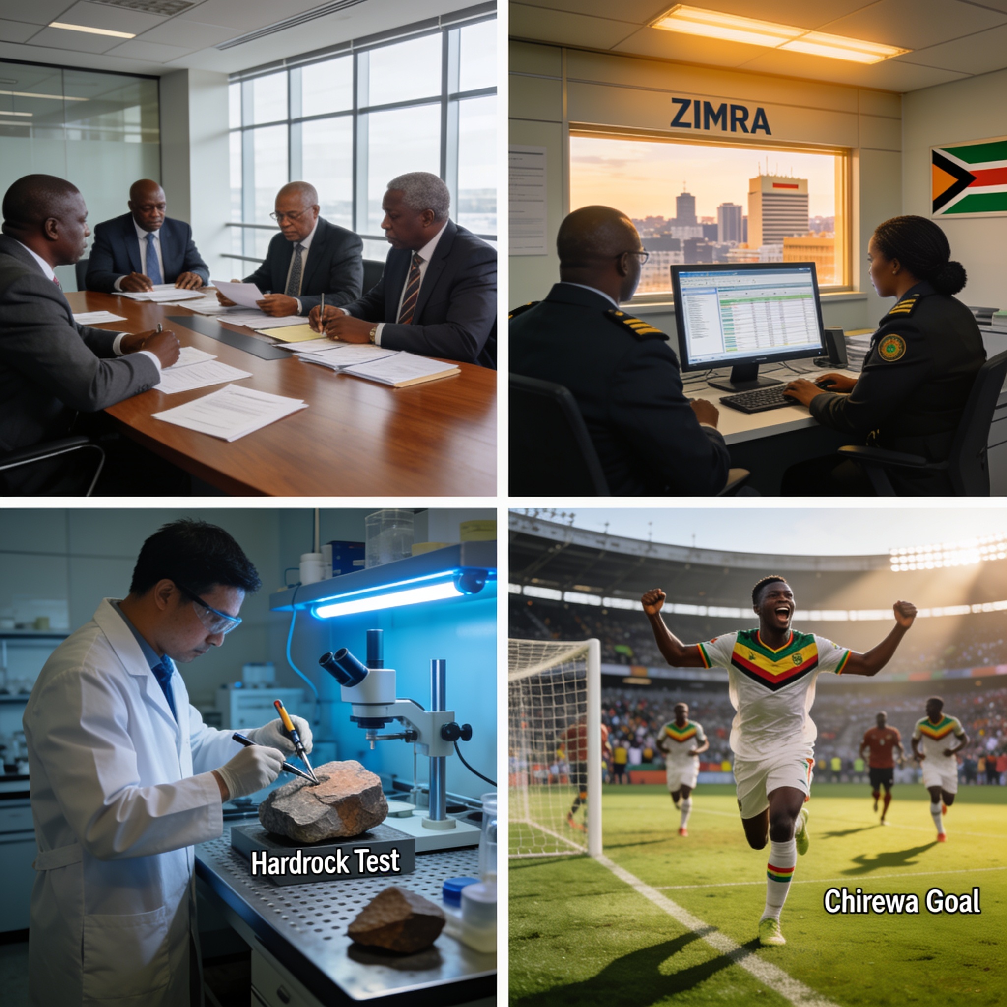 Create an editorial news illustration for an article about 'Zimbabwe News Roundup: Zanu PF Rift, ZIMRA Rule, Hardrock Test and Chirewa Goal'. The specific country is Zimbabwe (ZW); make visual cues accurate to this exact country and avoid flags or sy