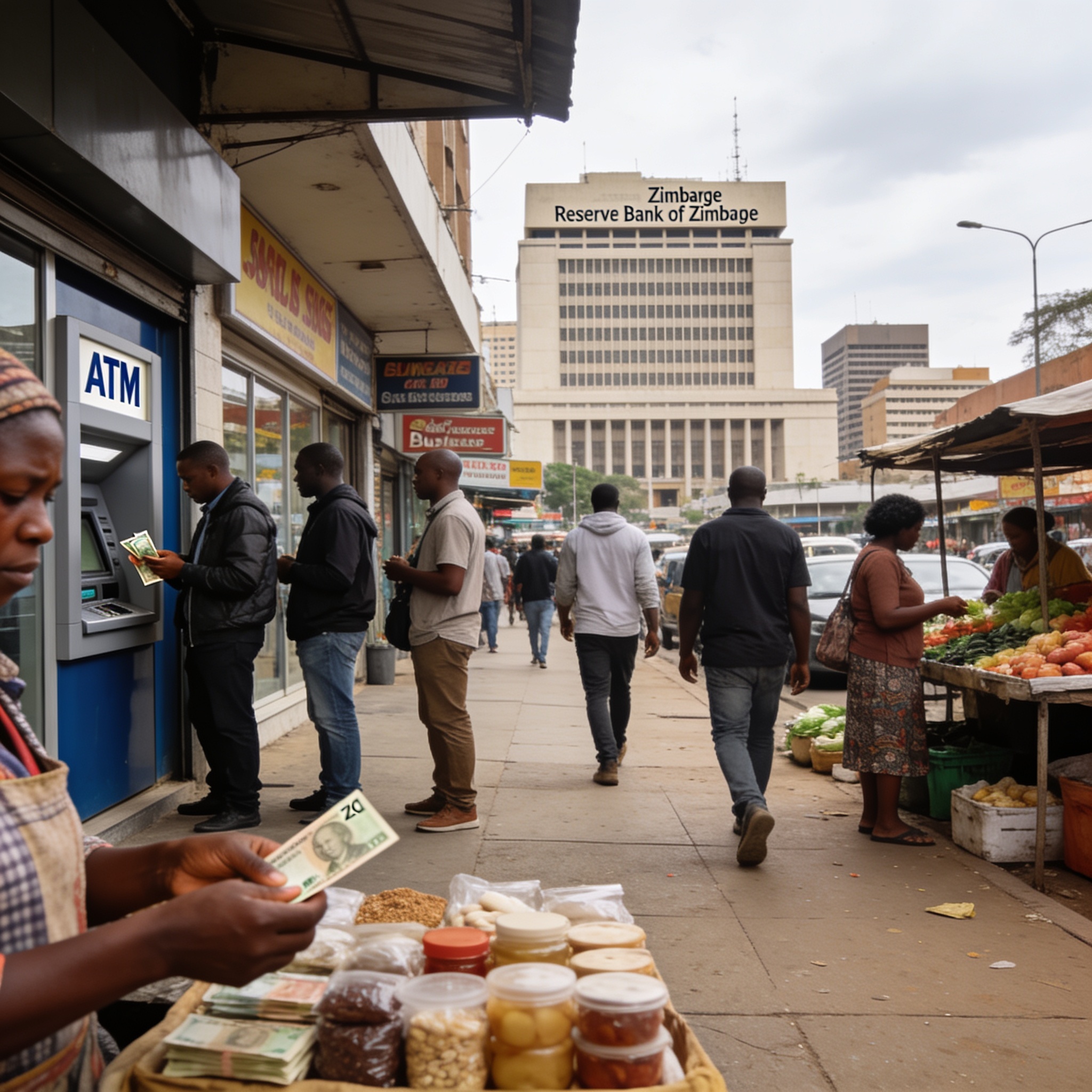 Create an editorial news illustration for an article about 'Zimbabwe News: ZANU-PF Power, ZiG Squeeze, Food Safety Fears'. The specific country is Zimbabwe (ZW); make visual cues accurate to this exact country and avoid flags or symbols of similar co
