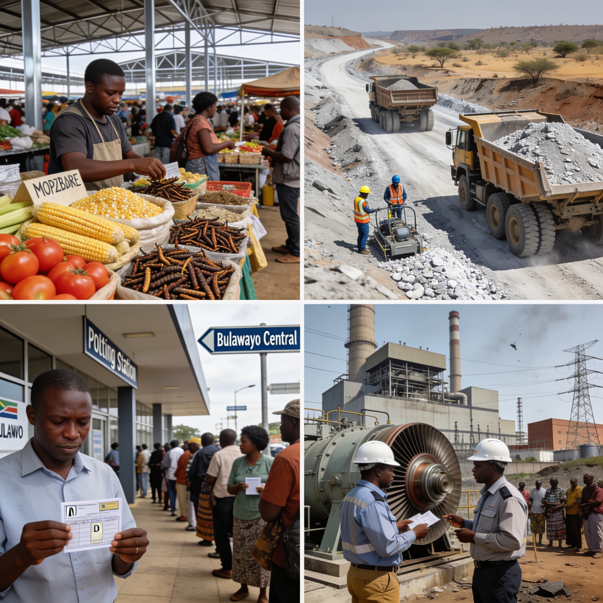 Create an editorial news illustration for an article about 'Zimbabwe October 2026 Digest: Food Duty Relief, Lithium Roads, Bulawayo Vote and Chivayo Aftermath'. The specific country is Zimbabwe (ZW); make visual cues accurate to this exact country an