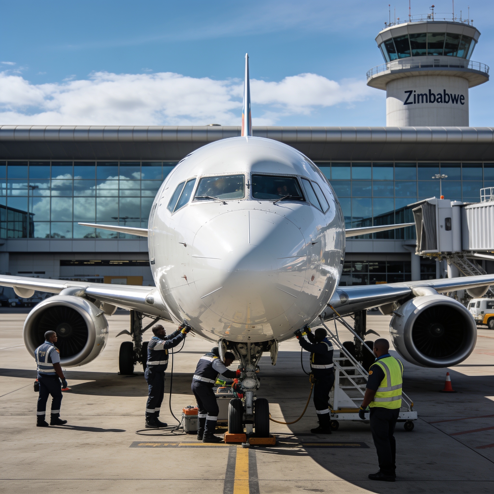 Create an editorial news illustration for an article about 'Zimbabwe Presses Airlines for More Global Routes'. The specific country is Zimbabwe (ZW); make visual cues accurate to this exact country and avoid flags or symbols of similar countries. Do