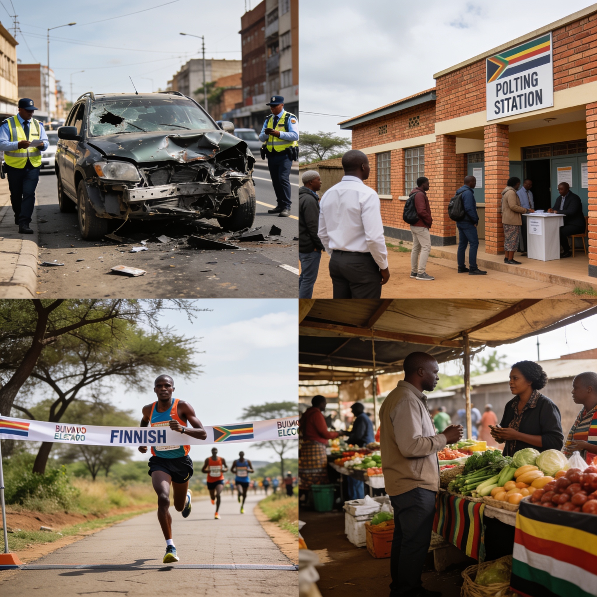 Create an editorial news illustration for an article about 'Zimbabwe’s Weekend News: Chivayo Crash Fallout, Bulawayo By-Election, Marathon Momentum and Economic Warnings'. The specific country is Zimbabwe (ZW); make visual cues accurate to this exact